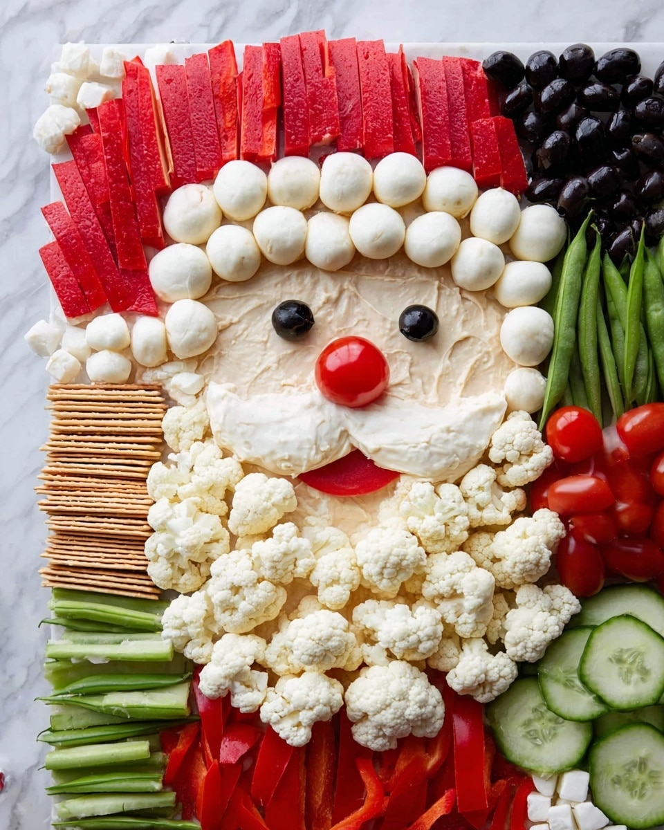 A wooden board holds a veggie platter arranged as a Santa face. The base layer is hummus forming the round face. On top of that, cauliflower florets make a thick white beard covering the lower half. Two black olives represent eyes on the hummus face, with white cream cheese blobs as eyebrows and a red pepper piece as a smiling mouth. The red hat is made of red pepper strips layered above the face, with a row of small mozzarella balls outlining the hat’s bottom rim and another group at the tip. Celery sticks and whole crackers are placed at the top left beside the hat. To the right of the face, there are overlapping green cucumber slices and tiny mozzarella balls along the edge. The bottom part has black olives and sugar snap peas near the beard, completing the scene against a white marbled background. photo taken with an iphone --ar 4:5 --v 7