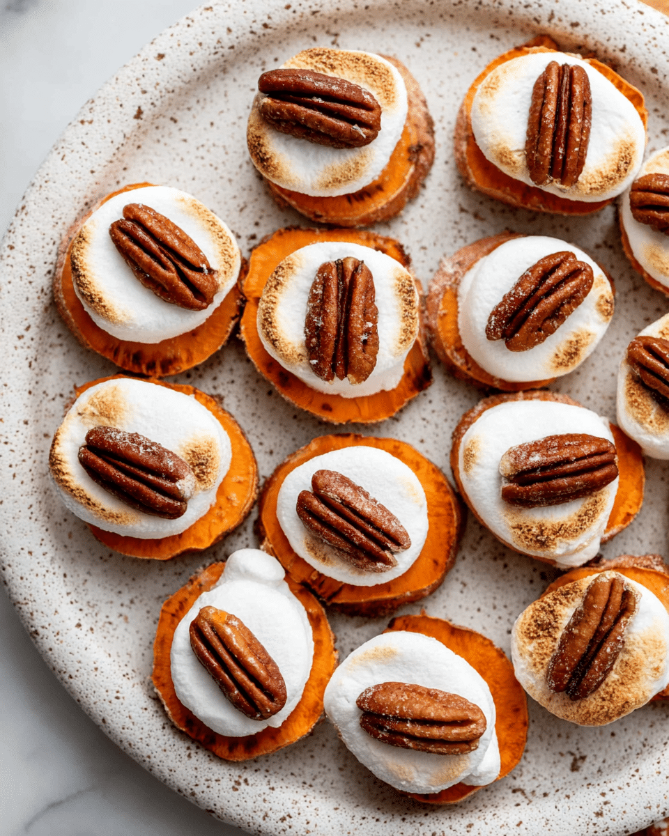 The image shows several round baked sweet potato slices, each about one layer thick with a soft orange color and slightly crispy edges. Each slice is topped with a single layer of white, fluffy melted marshmallow that spreads just over the top edges. On top of the marshmallow layer sits a whole pecan half, brown with textured ridges, positioned in the center of each slice. The pieces are arranged closely together on a flat white marbled surface that adds a clean background. The overall look is warm and inviting with a mix of soft, smooth marshmallow and crunchy pecan on vibrant orange sweet potato. photo taken with an iphone --ar 4:5 --v 7