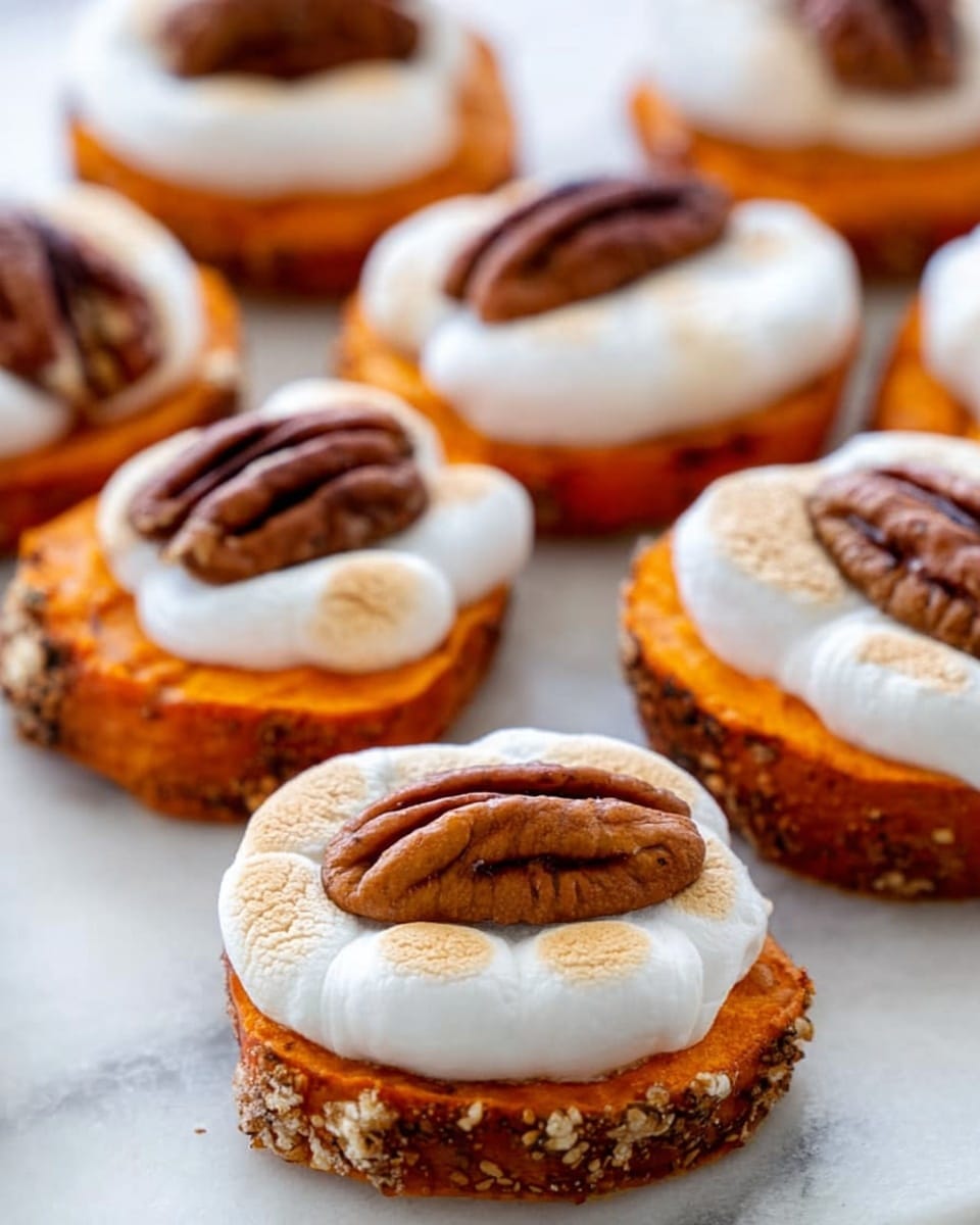 The image shows multiple small round sweet potato rounds arranged on a large white speckled plate with a white marbled surface underneath. Each round has two layers: the bottom one is an orange cooked sweet potato slice with a soft and slightly uneven texture. The top layer is a melted toasted marshmallow, white and puffy with some parts browned. On top of each marshmallow is a whole pecan half, brown with a wrinkled texture, placed in the center. Photo taken with an iphone --ar 4:5 --v 7