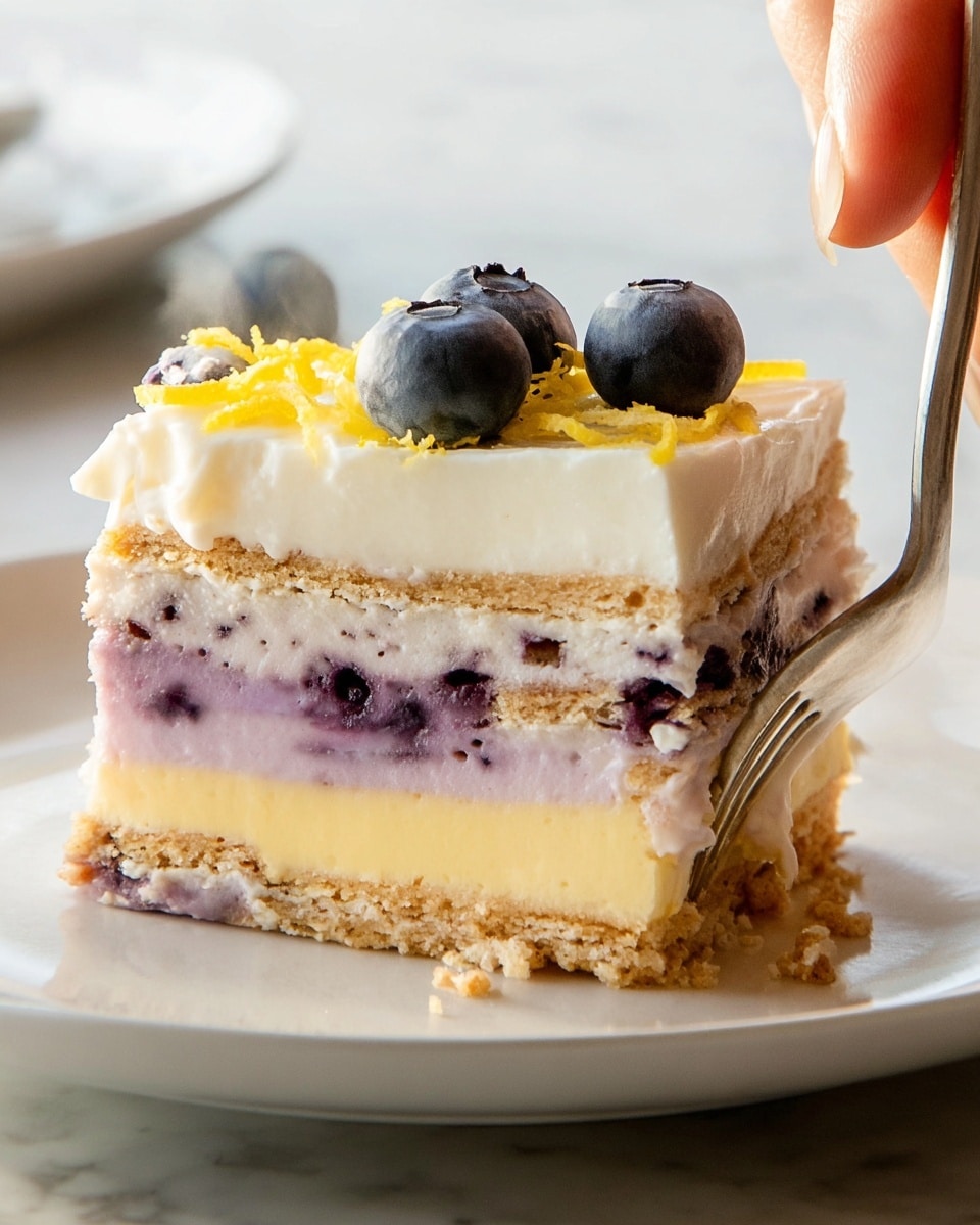 A slice of layered dessert on a white plate shows five distinct layers: a bottom layer of light yellow custard-like cream, a thin crumbly beige crust above it, a middle layer of light purple creamy filling with small dark spots, another crumbly beige crust layer, and a thick white creamy topping with a smooth texture. On top of the dessert, there are four whole blueberries and some thin yellow zest sprinkled, adding contrast. A woman’s hand holding a fork is cutting into the dessert from the right side. The scene is set on a white marbled surface, with soft natural light enhancing the textures. photo taken with an iphone --ar 4:5 --v 7