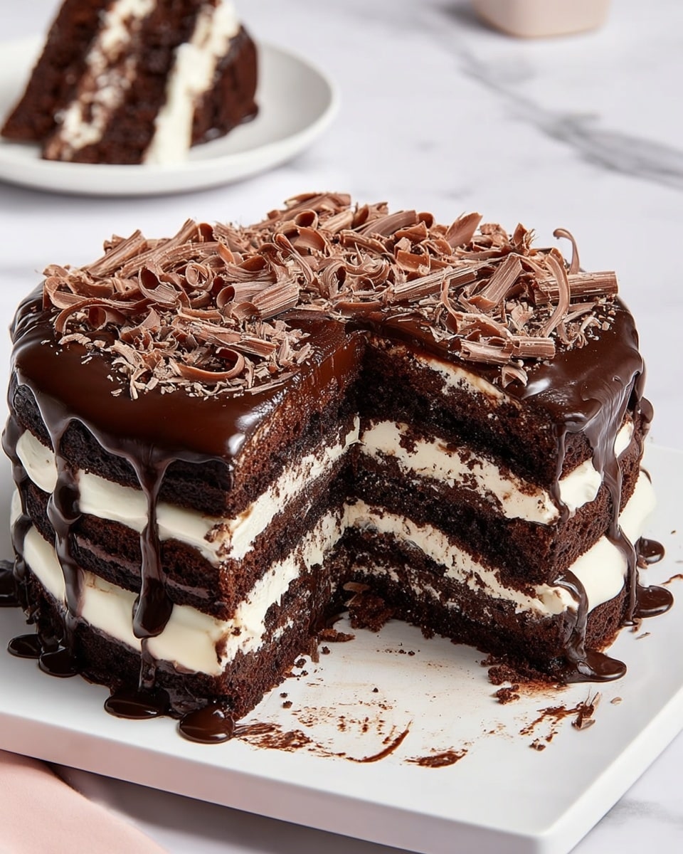 A rich, multi-layered chocolate cake with four thick layers of dark chocolate sponge, each separated by smooth white cream filling. The top layer is coated with thick, glossy dark chocolate ganache that drips slightly over the edges. The ganache is decorated with delicate, light brown chocolate curls scattered generously all over. The cake sits on a white rectangular plate, placed on a white marbled surface, with part of the cake cut out to reveal the cream and sponge layers inside. In the background, there is a white round plate with a slice of the same cake, slightly blurred. Photo taken with an iphone --ar 4:5 --v 7