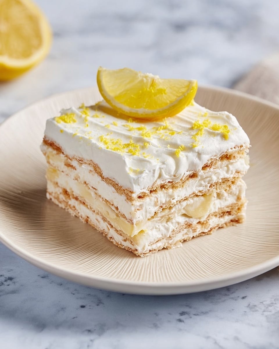 A square slice of layered lemon dessert sits on a white plate with a subtle textured pattern, placed on a white marbled surface. The dessert has five visible layers: alternating light beige biscuit layers and thick, creamy white filling layers. The top layer is entirely covered with smooth white cream, sprinkled with bright yellow lemon zest and topped with a small lemon wedge on one corner. The textures range from soft cream to slightly crumbly biscuits, creating a light and fresh look. photo taken with an iphone --ar 4:5 --v 7