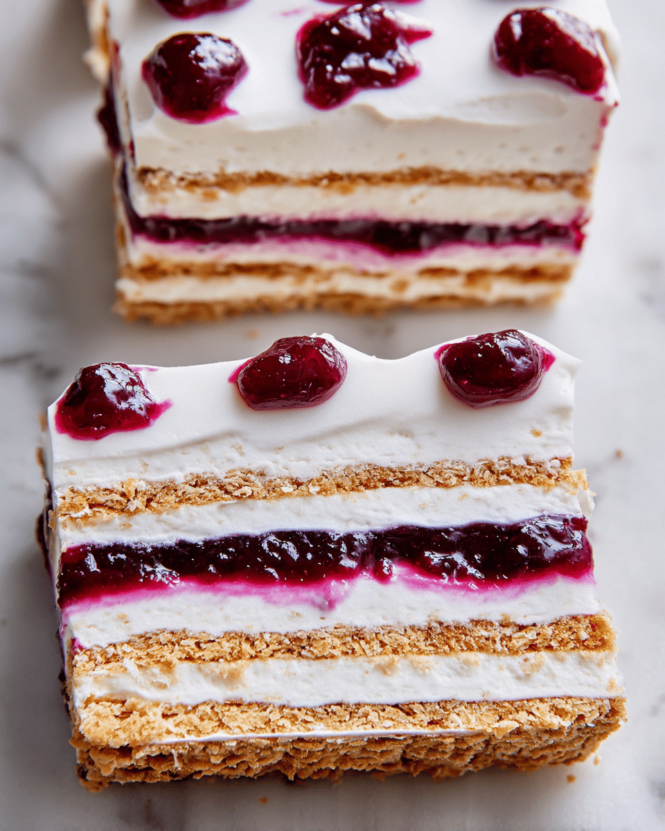 The image shows two slices of a layered dessert on a white marbled surface. Each slice has five alternating layers: light brown thin crispy biscuit layers and thick white creamy layers. Between these, there are bright purple berry jam layers that look glossy and smooth, spread evenly. Some jam dollops sit on top of the cream layers near the edges. The dessert looks soft yet structured, with clean cuts showing the even layering clearly. Photo taken with an iphone --ar 4:5 --v 7