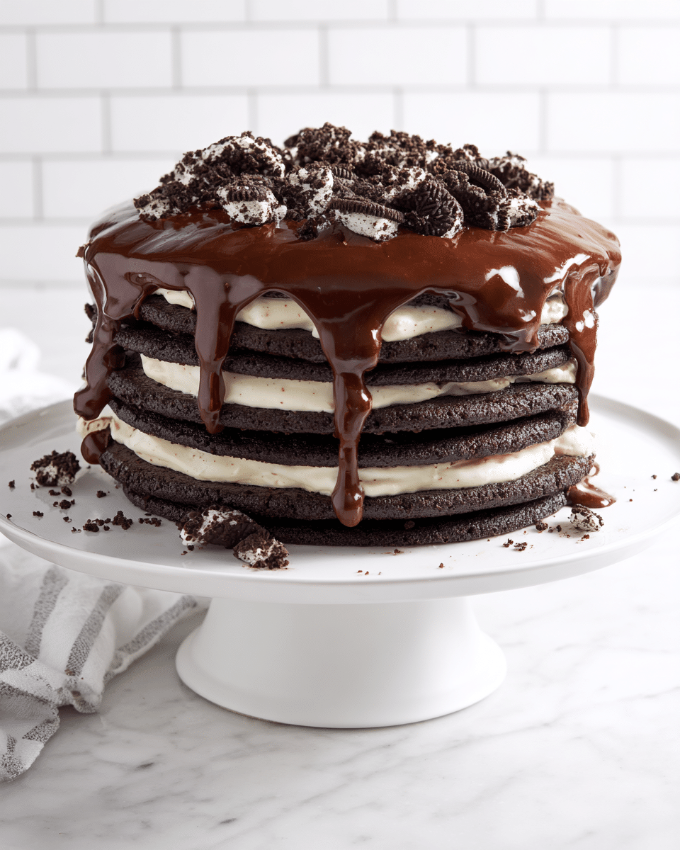 A tall stack of about eight thin, dark chocolate cookie layers sits on a white cake stand, each cookie layer separated by a thin spread of light cream filling visible near the bottom. The top of the stack is covered with a thick, glossy layer of rich dark chocolate glaze that flows slightly over the edges and drips down the side. Crushed pieces of chocolate cookies with white cream bits are scattered generously on top of the glaze, adding texture and contrast. The whole presentation rests on a white marbled surface with a bright tiled background. photo taken with an iphone --ar 4:5 --v 7