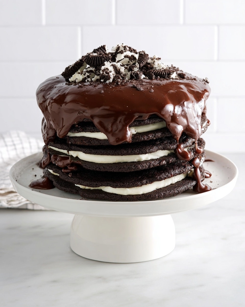 A tall stack of dark chocolate cookies forms the base, layered eight times with creamy white filling visible between each cookie layer. The top is covered with glossy, thick chocolate glaze that drips slightly over the edges. Crushed pieces of chocolate cookies with white cream bits are sprinkled on top of the glaze. The dessert sits on a white cake stand with a wide base, placed on a white marbled surface with a plain white tiled background. Photo taken with an iphone --ar 4:5 --v 7
