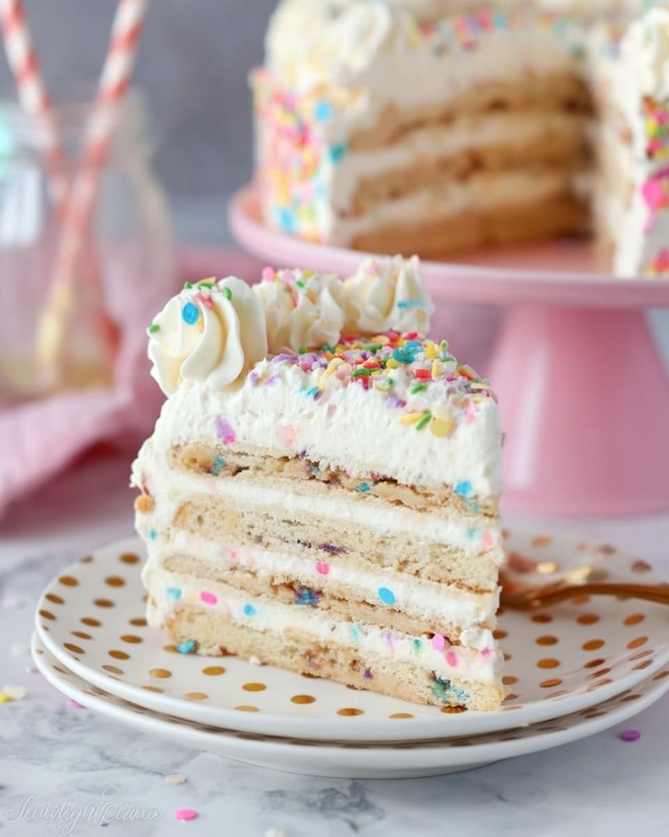 A slice of layered cake on a white plate with gold polka dots, resting on a white marbled surface. The cake has four visible layers made of light beige cookies alternated with thick white cream mixed with small, colorful sprinkles. The top layer is thick white cream decorated with piped swirls of cream and scattered rainbow sprinkles. In the background, there is the remaining cake on a pale pink cake stand and a blurred bottle with a striped straw. Photo taken with an iphone --ar 4:5 --v 7