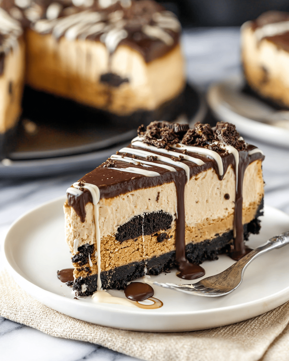 A slice of creamy light brown cheesecake sits on a white plate, resting on a beige cloth on a white marbled surface. The cheesecake has three main layers: a bottom layer of dark crumbly chocolate crust, a thick middle layer of smooth light brown filling with pieces of dark cookie embedded inside, and a thin top layer of glossy dark chocolate. The top is sprinkled with more chocolate crumbs and drizzled with thick white and dark chocolate sauces that flow over the sides and onto the plate. A silver fork is placed to the right of the cheesecake slice. In the blurred background, there is another slice of the same cheesecake and the full cake on a white plate. photo taken with an iphone --ar 4:5 --v 7