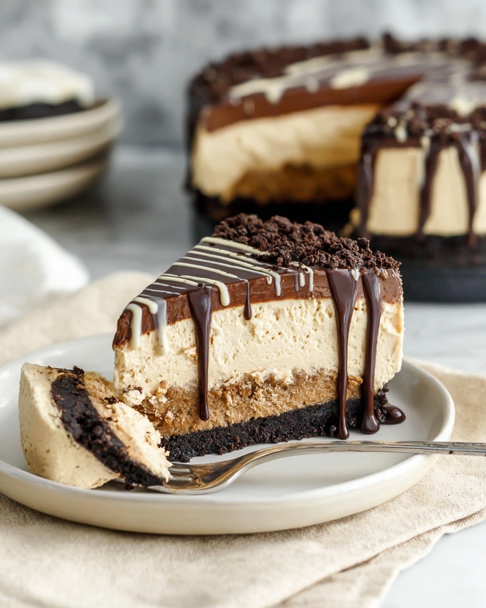 The image shows a slice of layered dessert on a white plate. The bottom layer is a dark brown crumbly crust. Above it is a thick, creamy layer of light brown mousse or filling, with a thin dark layer inside it, possibly cookie or chocolate. The top of the slice is covered with smooth chocolate ganache, sprinkled with dark crumbs around the edges. White and dark chocolate sauces are drizzled over the top and down the sides, pooling slightly on the plate. To the side of the slice is a small, triangular piece of the dessert with similar layers and textures. A silver fork is placed next to this piece, resting on some white sauce. The plate sits on a light beige cloth over a white marbled surface. In the background, a blurred larger round dessert of the same kind is visible. photo taken with an iphone --ar 4:5 --v 7