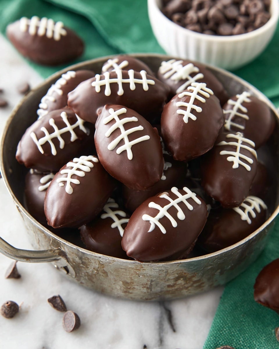 A woman's hand is holding a small chocolate treat shaped like a football, covered in smooth dark brown chocolate with white icing lines to mimic football stitches on the top. The treat is oval with pointed ends and has a shiny, smooth texture. Behind it is a pile of similar football-shaped chocolate treats stacked in a white plate with a shiny metal rim, all decorated with the same white icing stitch pattern. The background surface is a white marbled texture with a green cloth partially visible near the plate. photo taken with an iphone --ar 4:5 --v 7