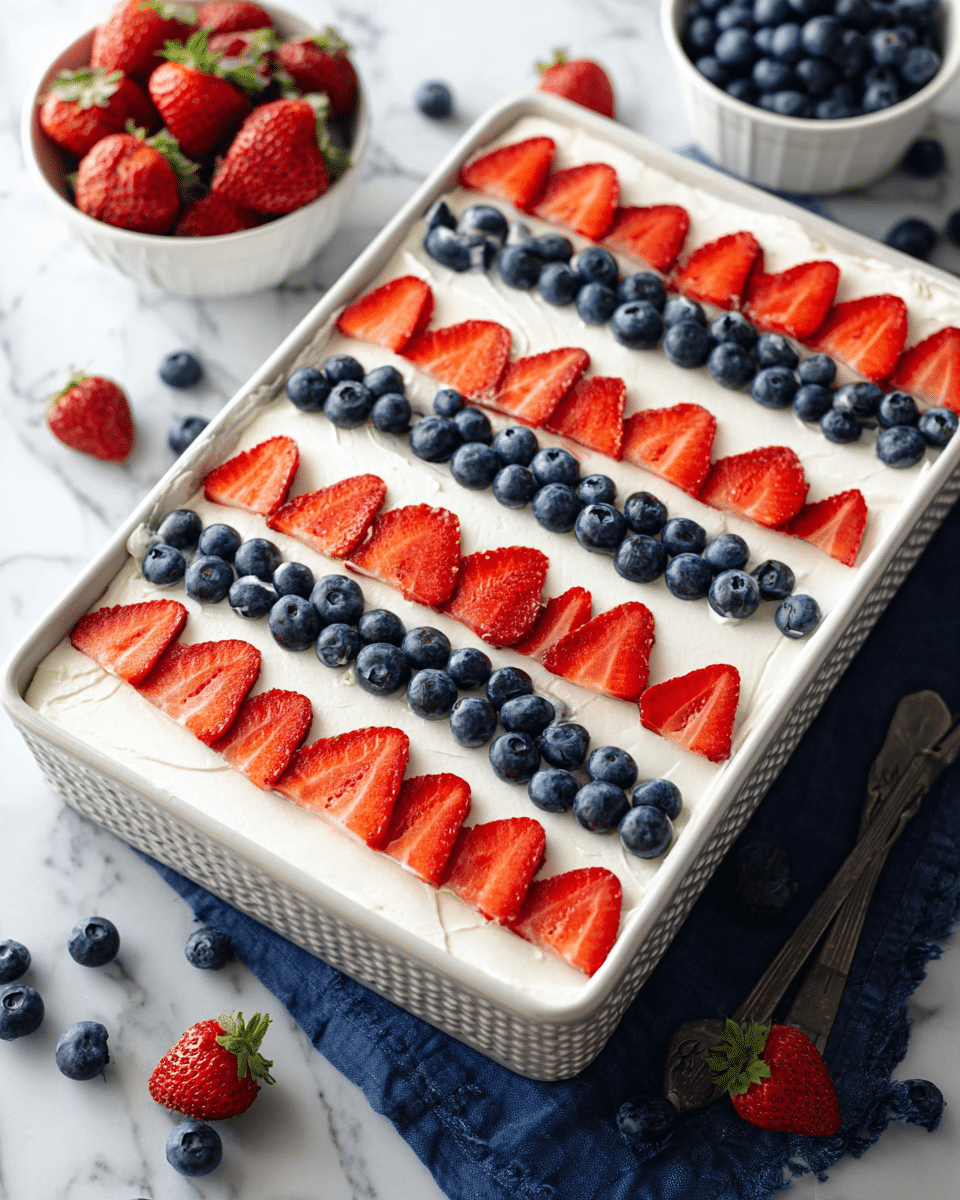 A square slice of layered dessert sits on a white plate over a blue cloth, placed on a white marbled surface. The dessert has five visible layers: the bottom layer is creamy and pale yellow with pieces of red strawberries embedded; above it is a crumbly light brown layer; then another creamy layer with visible whole blueberries; topped with a thick white whipped cream layer; and decorated on top with a row of thinly sliced red strawberries and scattered whole blueberries. In the background, a white bowl filled with strawberries and a larger white dish with more of the dessert are slightly out of focus. Photo taken with an iphone --ar 4:5 --v 7