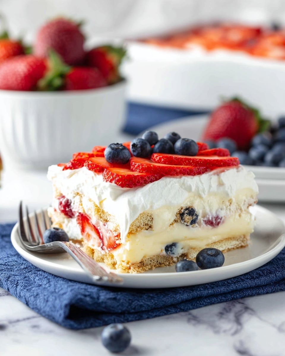 A rectangular layered dessert in a white baking dish with a textured rim sits on a white marbled surface. The top layer is smooth white cream with fresh fruit arranged in neat rows: two wide lines of thinly sliced strawberries with a bright red color and slightly shiny texture on either side, and two narrower lines of plump, round dark blue blueberries between and beside the strawberry lines. Around the dish, fresh whole blueberries and strawberries, some sliced in half, are scattered on the surface and a blue cloth is partially visible under the dish. In the background, white bowls containing strawberries and blueberries add depth to the shot. Photo taken with an iphone --ar 4:5 --v 7