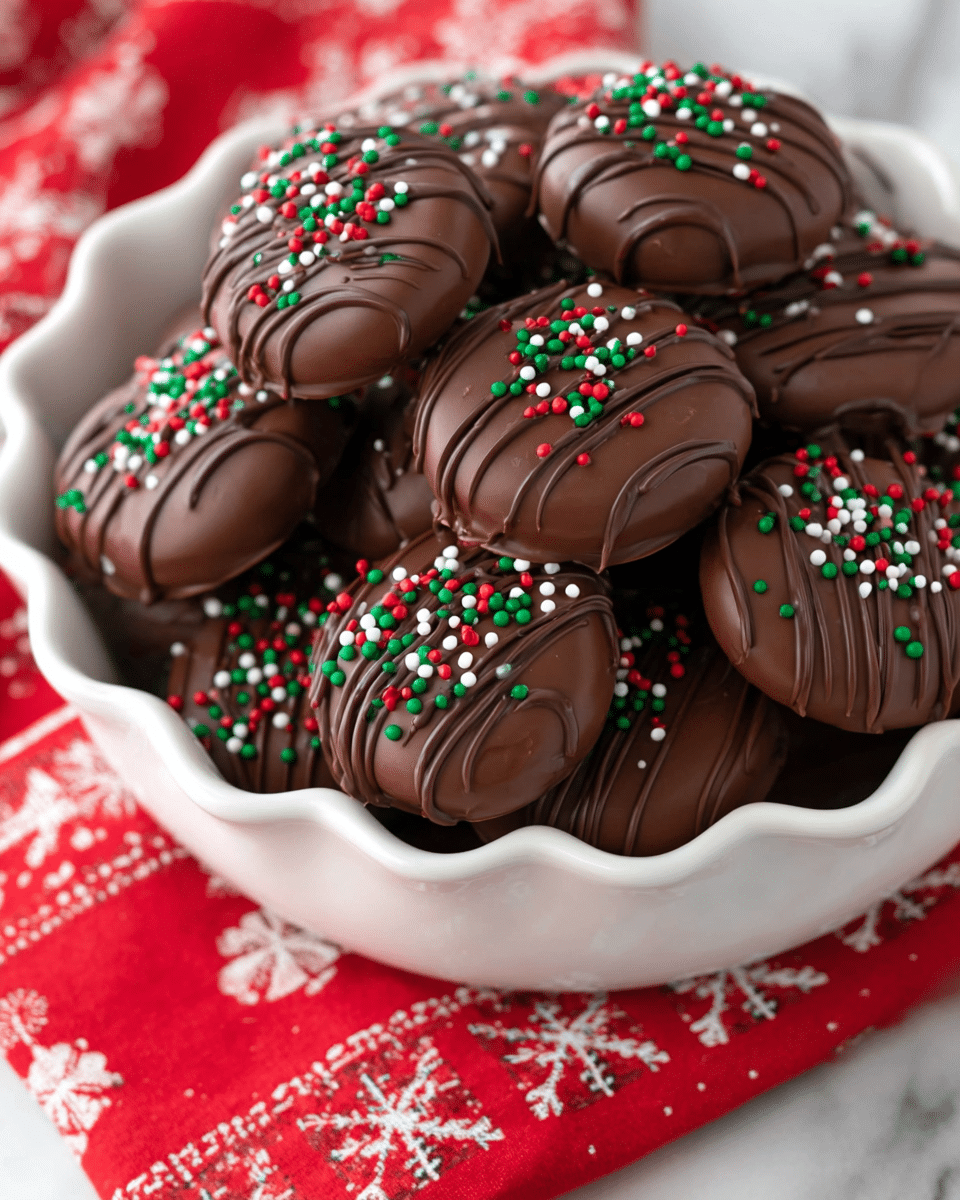 A white scalloped bowl filled with round chocolate treats that have a smooth dark brown coating. Each treat is decorated with thin dark chocolate lines drizzled across the top and sprinkled with small red, green, and white round sprinkles. The treats are stacked closely together, showing their shiny, rich chocolate texture against the white bowl. The bowl is placed on a red and white cloth with a white marbled surface below, giving a festive and clean look. photo taken with an iphone --ar 4:5 --v 7