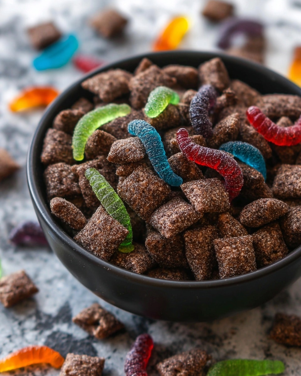 A close-up view of a black bowl filled with small, square-shaped cereal pieces covered in a dark chocolate powder layer, mixed with colorful gummy worms scattered on top. The gummy worms show vibrant colors like green, orange, red, blue, and purple, with a shiny, slightly translucent texture contrasting with the dry, rough cereal pieces. The bowl sits on a white marbled surface with some cereal and gummy worms scattered around it. photo taken with an iphone --ar 4:5 --v 7