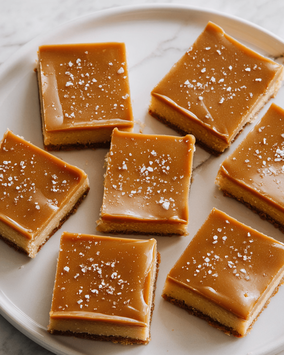The image shows seven square-shaped dessert bars arranged on a white plate. Each bar has two layers: a thick bottom layer that is light brown and looks soft and cake-like, and a smooth glossy top layer in a richer caramel brown color. The top layer is evenly spread and has a few shiny spots, with a sprinkle of coarse sea salt scattered over it. The edges of the bars are clean and straight. The plate is placed on a white marbled textured surface. photo taken with an iphone --ar 4:5 --v 7