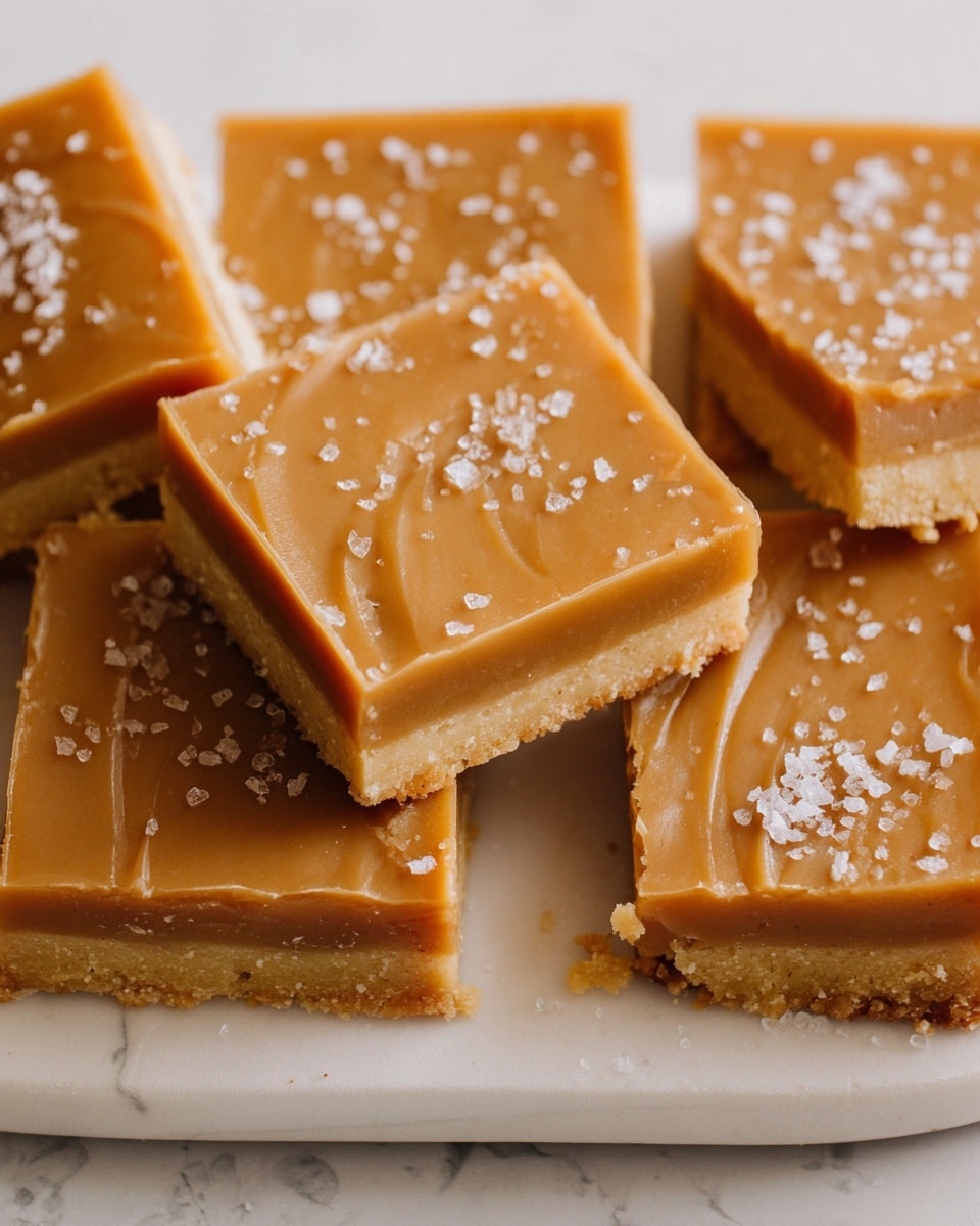The image shows several square caramel dessert bars arranged on a white plate with a white marbled texture surface underneath. Each bar has two visible layers: a thin, golden-brown base layer with a crumbly texture and a glossy, smooth caramel layer on top. The caramel layer is light brown with subtle swirls and is sprinkled lightly with coarse sea salt crystals, adding texture and contrast. The edges of the bars are cleanly cut and slightly crumbly, showing the dense base. photo taken with an iphone --ar 4:5 --v 7