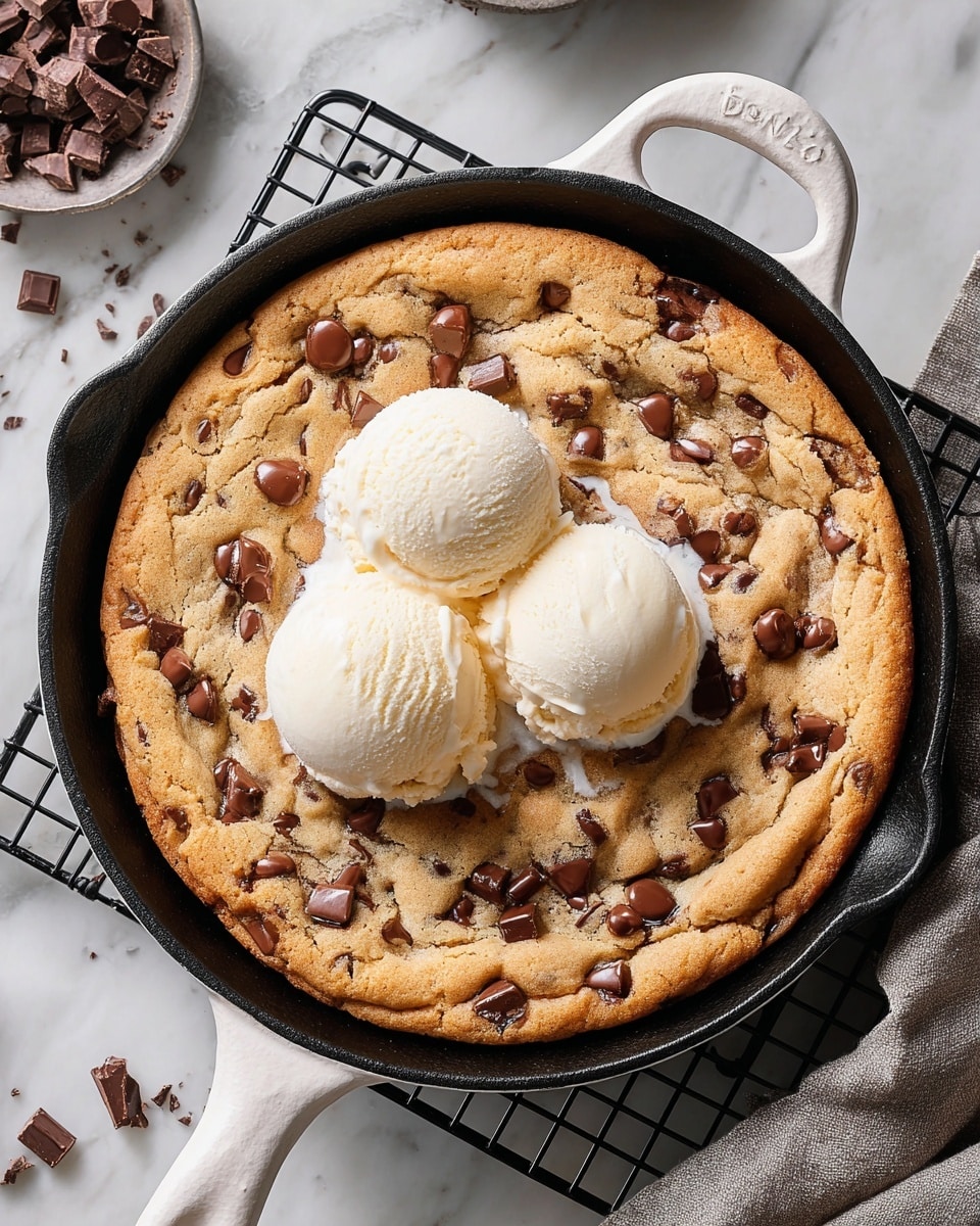A warm, golden-brown chocolate chip cookie baked inside a black cast iron skillet with a white handle, its surface studded with melted dark chocolate pieces spread unevenly across the top. Three smooth, round scoops of creamy vanilla ice cream sit in the center of the cookie, slightly melting and pooling a little around the bottom edges. The skillet rests on a black cooling rack on a white marbled surface, with a grayish cloth and some chocolate chips scattered nearby. Photo taken with an iphone --ar 4:5 --v 7