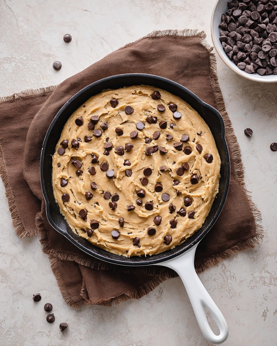 A black cast iron skillet with a white handle is filled with thick, light brown cookie dough mixed evenly with dark chocolate chips spread across the surface. The skillet sits on a brown cloth with frayed edges, placed on a white marbled texture. To the top right of the skillet, there is a white bowl filled with more dark chocolate chips, some scattered nearby on the white marbled texture. The dough looks smooth with a slightly glossy finish, showing swirls and dips throughout. photo taken with an iphone --ar 4:5 --v 7