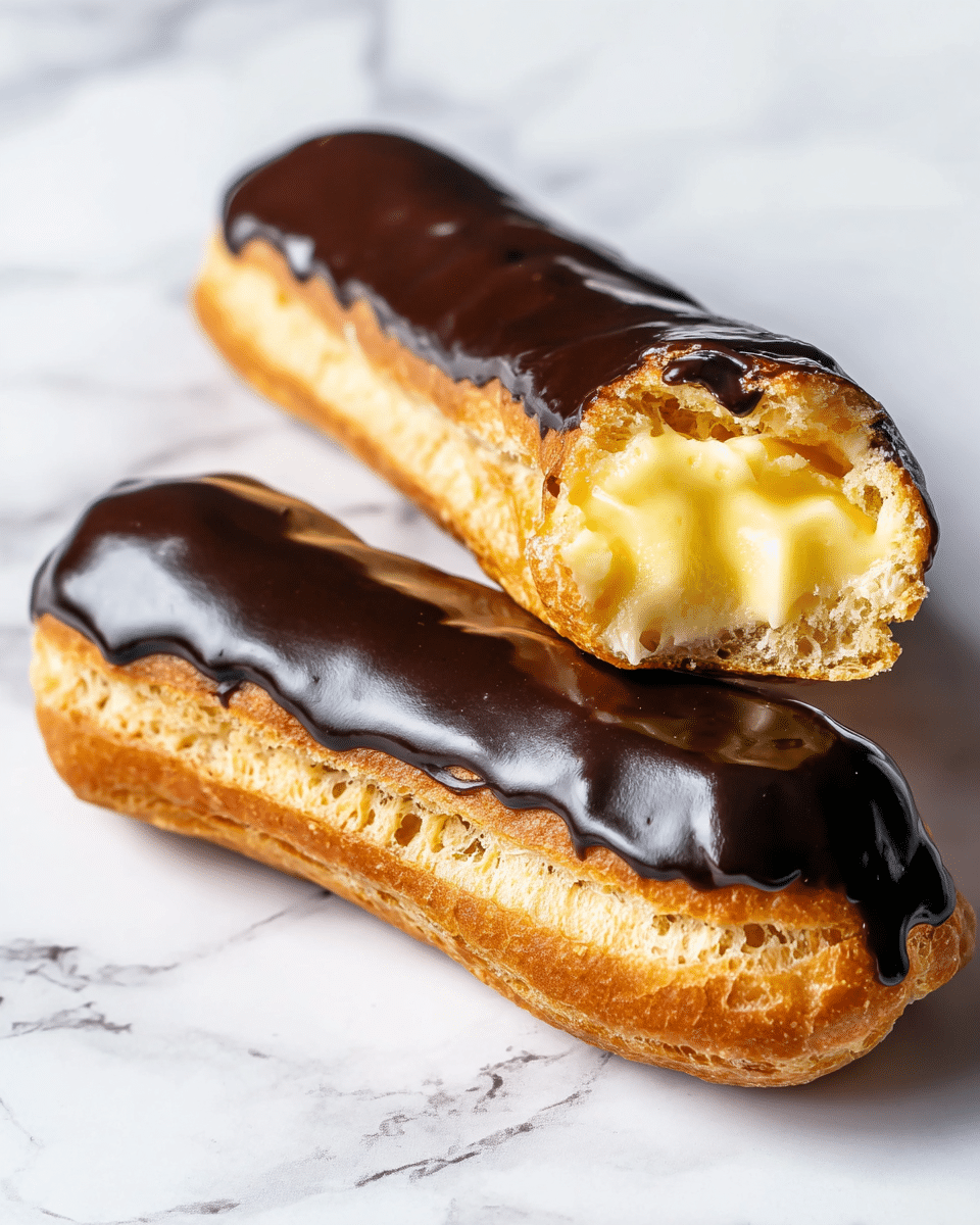 Two éclairs are placed on a white marbled surface. Each éclair has a golden-brown, soft pastry base with a slightly rough texture, topped with a smooth, shiny dark chocolate glaze that covers the top fully and drips slightly on the edges. One éclair lies flat, showing the glossy chocolate top, while the other is positioned on top of it, cut in half to reveal a bright yellow creamy filling inside with a fluffy and smooth texture. The photo taken with an iphone --ar 4:5 --v 7