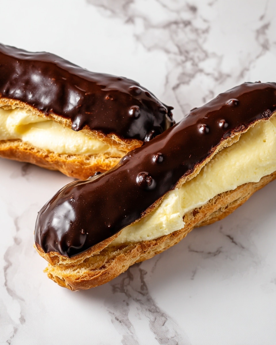 The image shows a chocolate éclair cut in half and placed on a white marbled surface. The éclair has two main layers: the bottom layer consists of light golden-brown pastry filled with thick pale yellow cream that looks smooth and fluffy, filling the hollow of the pastry fully. The top layer is the éclair’s top pastry covered in a shiny, dark brown chocolate glaze that has a slightly uneven texture with small bumps and a glossy finish. Both layers are aligned so you can see the cream inside clearly from above. Photo taken with an iphone --ar 4:5 --v 7