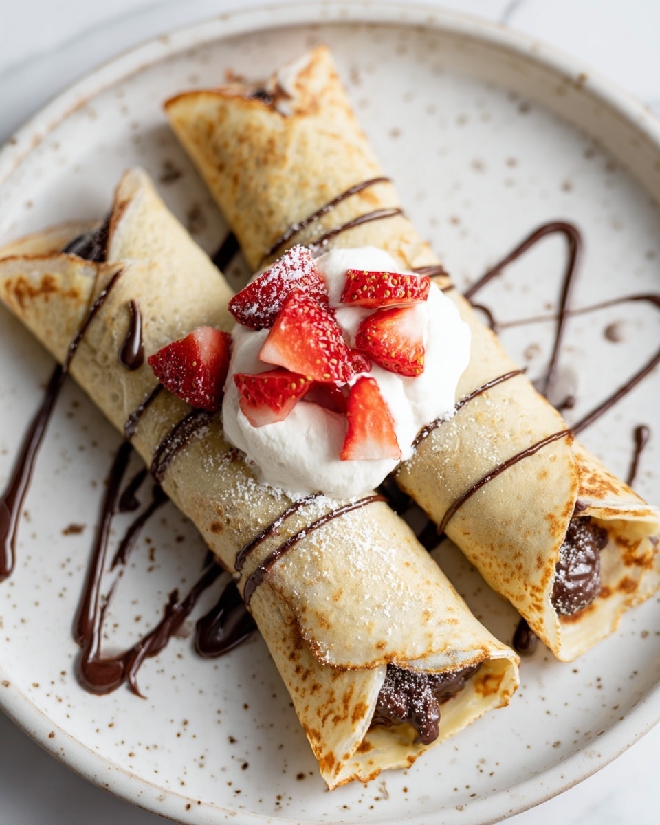 Two rolled crepes with a light golden-brown texture are placed side by side on a white plate with a speckled pattern. The crepes have a dark chocolate filling visible at the open ends, with thin chocolate drizzle lines scattered on top and around the plate. On top of the left crepe, there is a dollop of white whipped cream, crowned with small pieces of fresh red strawberries. The background shows a white marbled texture. photo taken with an iphone --ar 4:5 --v 7
