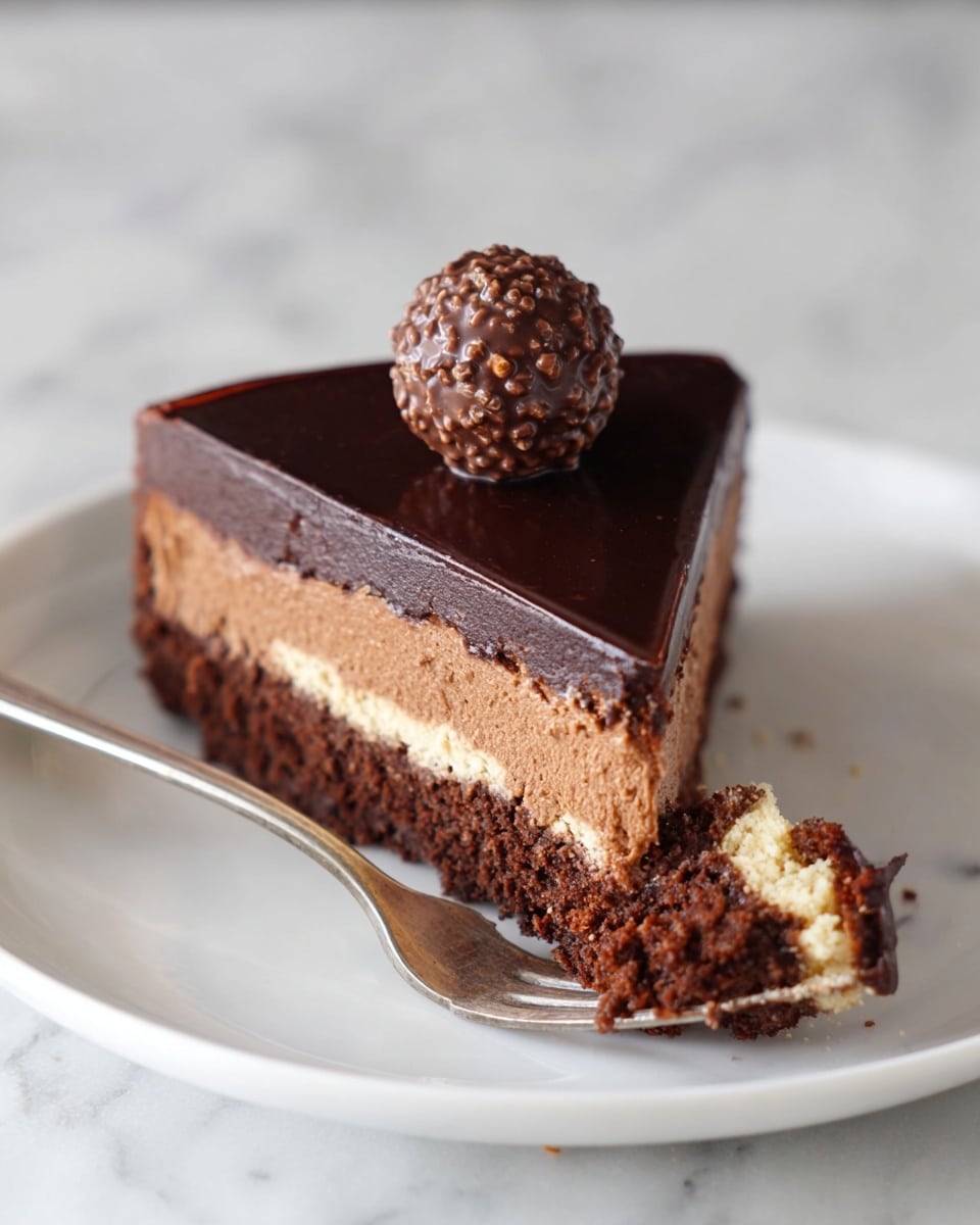 A triangular slice of rich chocolate cake is on a white plate with a crumbly light brown base layer. The middle layer is thick and creamy with a smooth milk chocolate texture, while the top layer is a shiny dark chocolate ganache. A round chocolate ball with crunchy bits is placed on the top center of the slice. Next to the slice, a fork holds a small bite of the cake showing both the light brown crumbly base and the smooth chocolate filling. The scene is set on a white marbled surface. Photo taken with an iphone --ar 4:5 --v 7