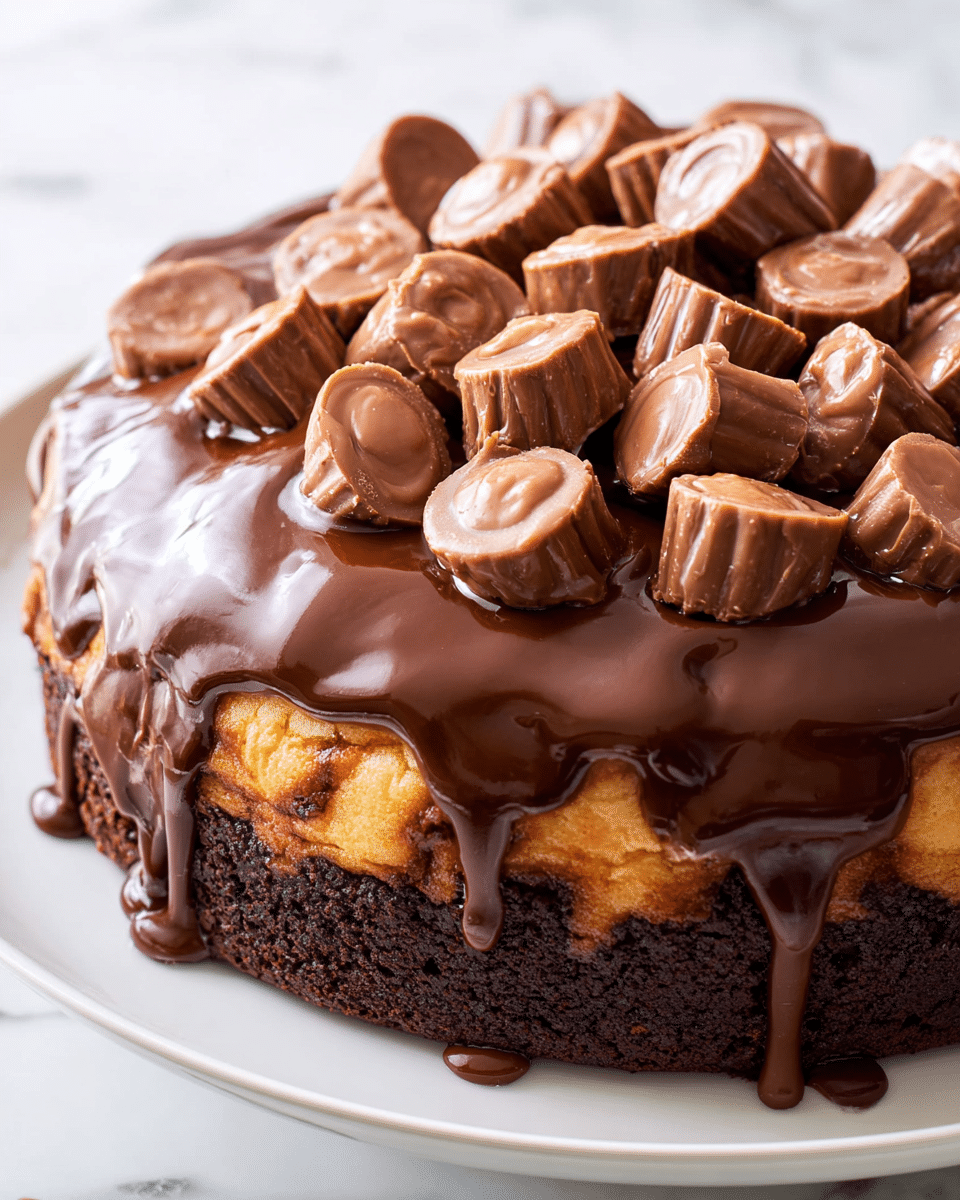 A two-layer round cake sits on a white plate over a white marbled surface, with the bottom layer dark brown and moist, and the top layer lighter golden brown with a soft texture. Thick, glossy dark chocolate glaze is generously poured over the top, dripping down the sides unevenly. On top, there is a large pile of small, smooth, milk chocolate peanut butter cups, arranged closely in a heap in the center. The chocolate glaze reflects light, giving it a shiny appearance, contrasting with the matte finish of the peanut butter cups. photo taken with an iphone --ar 4:5 --v 7