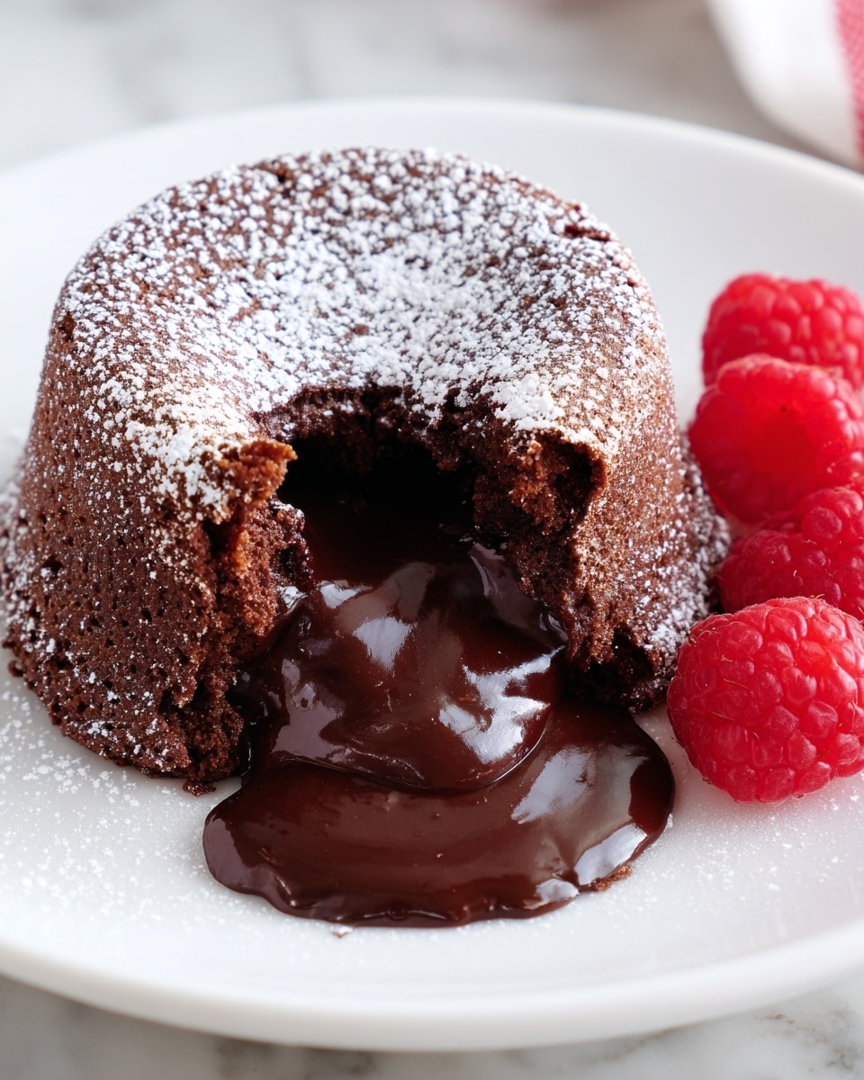 A round chocolate lava cake with a soft and slightly crumbly outer layer, dusted with powdered sugar on top, sits on a white plate. The cake has a bite taken out of it, revealing a rich, glossy, dark chocolate molten center flowing out onto the plate. To the side of the cake, there are three bright red raspberries adding a fresh pop of color. The whole scene is set against a white marbled texture. photo taken with an iphone --ar 4:5 --v 7