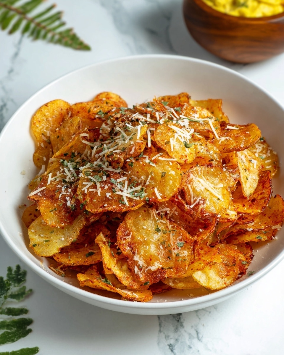 A white bowl filled with crispy potato chips, each chip golden yellow with a layer of reddish seasoning giving a spicy look, topped with small green herb bits and white shredded cheese scattered evenly over the chips, the chips stacked loosely so you can see many layers and textures. The bowl sits on a white marbled surface with some green leaves and a wooden bowl with a yellow dip slightly blurred in the background, photo taken with an iphone --ar 4:5 --v 7