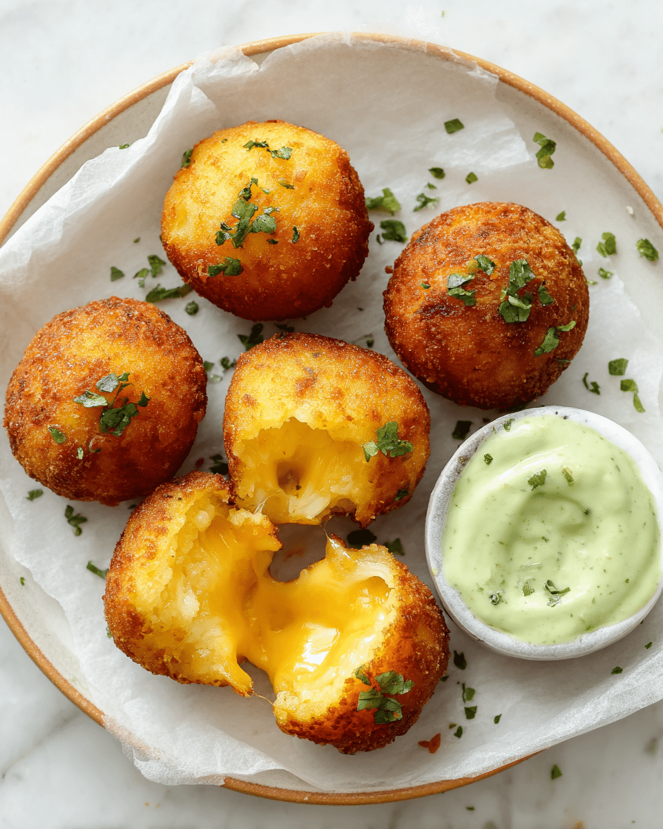 The image shows six round, golden brown fried cheese balls placed on white parchment paper inside a white plate with a light brown rim, all set on a white marbled surface. Five of the cheese balls have small green herb pieces sprinkled on top, adding a fresh touch. One cheese ball is broken open in the front center, revealing melted, gooey yellow cheese inside. To the right of the cheese balls, there is a small bowl filled with light green creamy dip with a smooth texture. Small bits of chopped herbs are scattered around the cheese balls on the parchment paper, enhancing the presentation. photo taken with an iphone --ar 4:5 --v 7