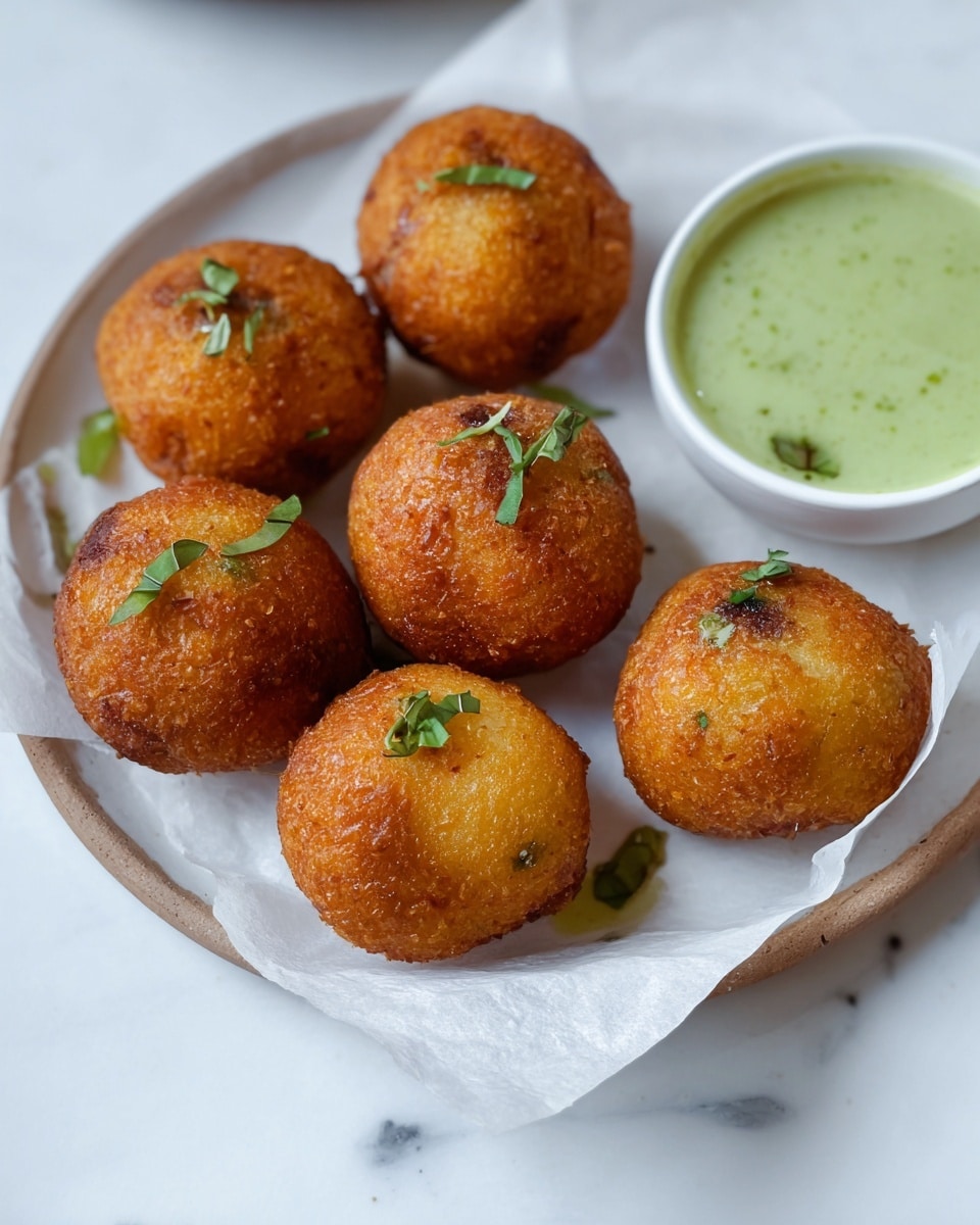Seven golden brown fried balls are arranged on a round white plate lined with white parchment paper; each ball has a crunchy, slightly rough texture and is topped with small green herb leaves. To the right, there is a small white bowl filled with light green sauce. The plate sits on a white marbled surface with subtle grey veins. photo taken with an iphone --ar 4:5 --v 7