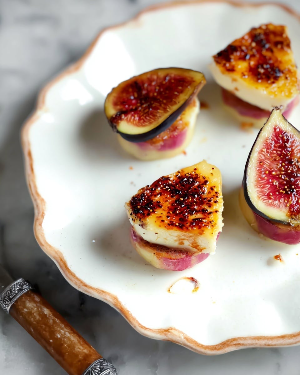 The dish shows four small stacks placed on a white scalloped plate with a slightly brown edge. Each stack has two layers: a base of halved ripe figs showing a pinkish, fleshy inside, and a top piece of bruleed cheese with a shiny, caramelized golden-brown crust speckled with darker spots. The figs have a smooth, soft texture, while the cheese looks creamy and slightly crispy on top. The plate sits on a white marbled surface, and the edge of a metal and wooden utensil is partially visible in the corner. photo taken with an iphone --ar 4:5 --v 7