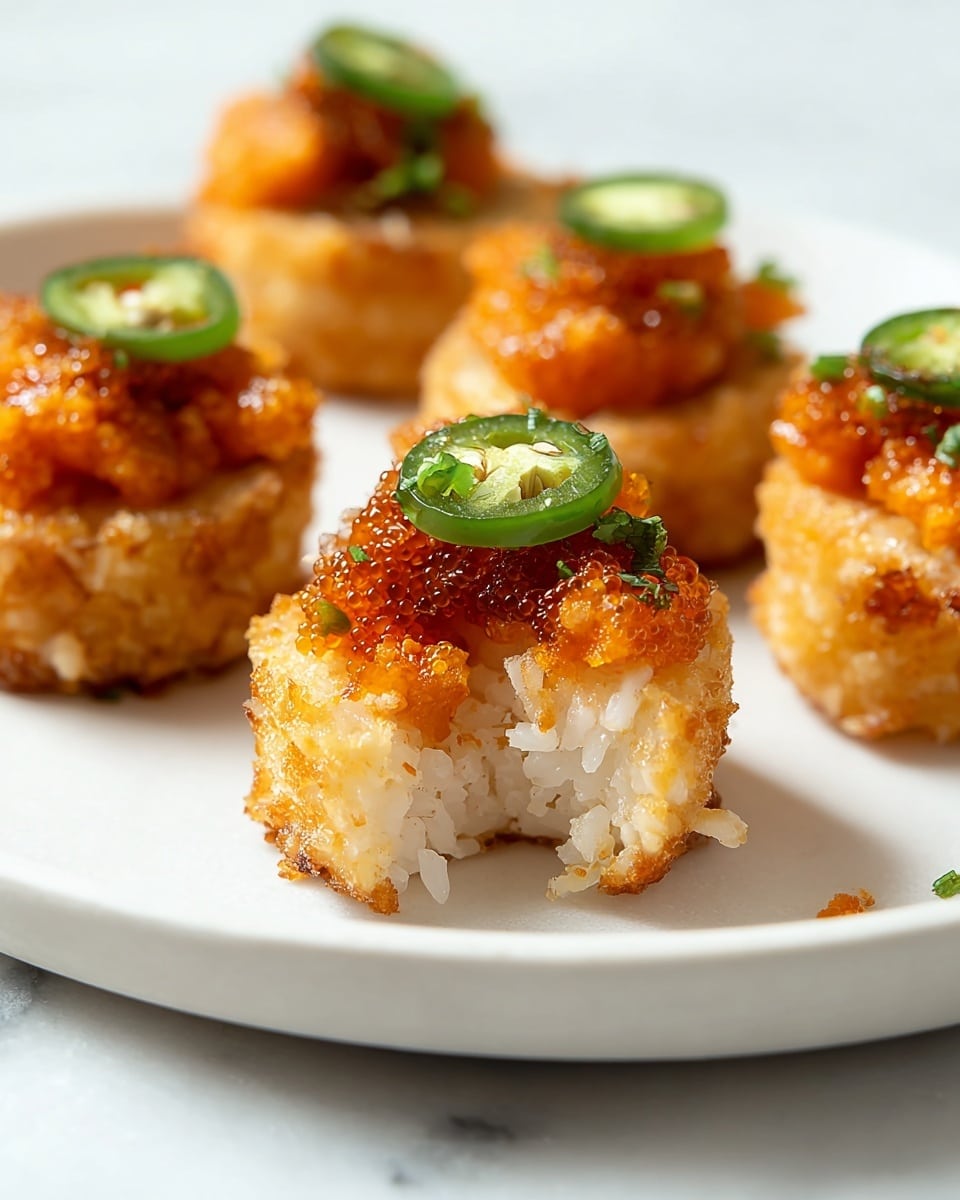 The image shows several small round stacks of food on a white plate placed on a white marbled surface. Each stack has two layers: the bottom layer is a golden-brown crispy rice cake with a slightly rough texture, and the top layer consists of a bright orange, finely chopped or minced topping with a glossy and moist look. Each stack is garnished with a small green slice of jalapeño on top. The front stack has a bite taken out of it, revealing the soft, sticky white rice inside the golden crust. Photo taken with an iphone --ar 4:5 --v 7