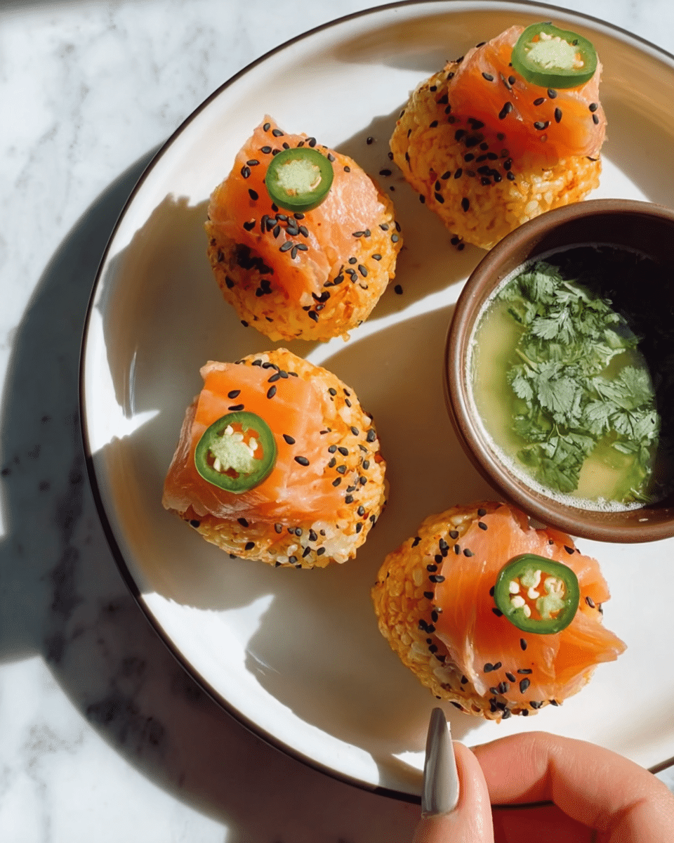 The image shows four sushi rice balls on a white plate with a thin dark rim, each topped with a piece of bright orange salmon and a thin slice of green jalapeño pepper, sprinkled with black sesame seeds. The rice balls have a light orange tint, likely from seasoning or sauce, and a textured surface. A small brown bowl filled with green herb sauce with cilantro leaves is placed on the plate's right side. A woman's hand is seen holding the edge of the plate against a white marbled background. The lighting is bright with natural shadows creating depth. photo taken with an iphone --ar 4:5 --v 7