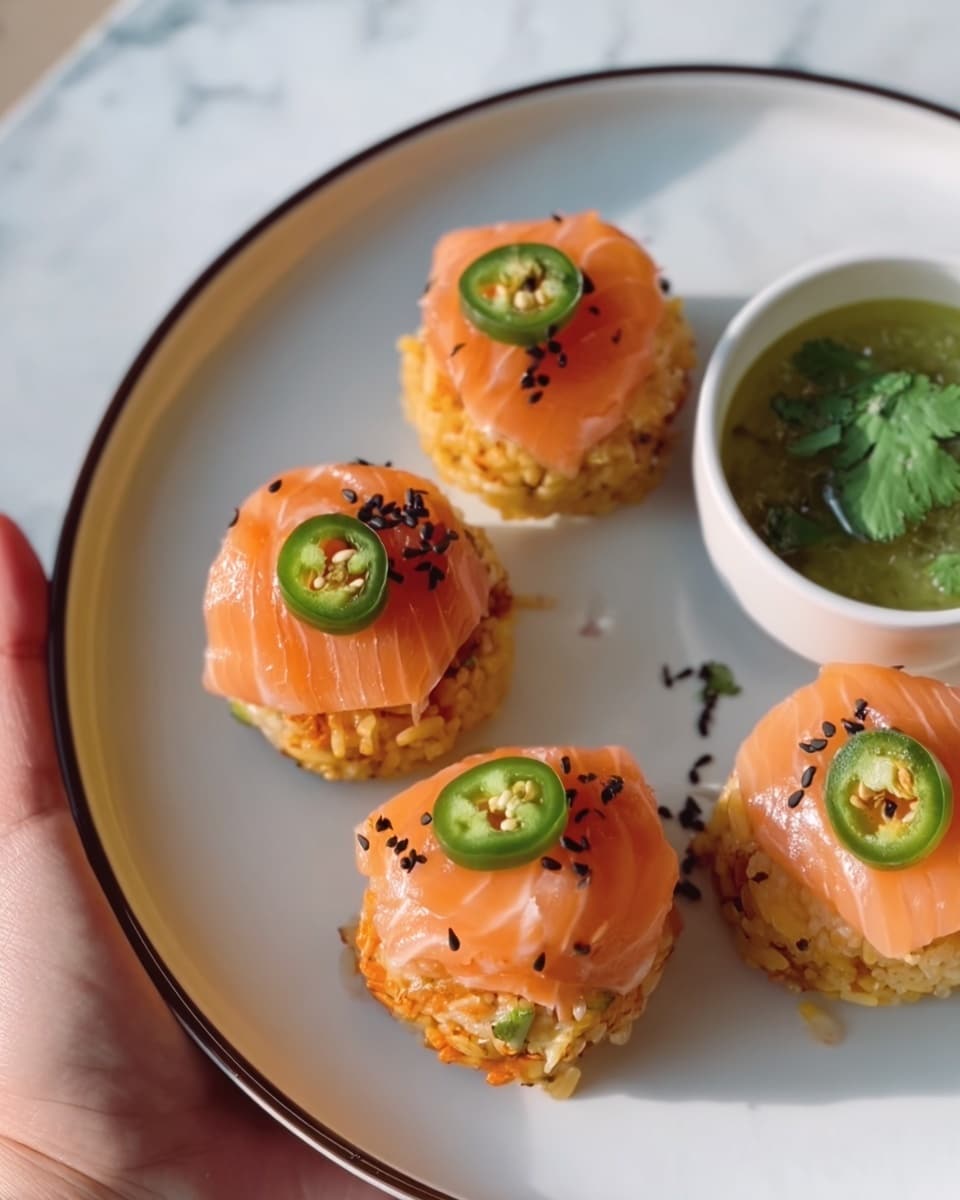 Four small round sushi balls are placed on a white plate with a thin dark rim. Each sushi ball has two layers: a base layer of light orange rice mixed with small bits of orange and a smooth top layer of bright salmon sashimi, glossy and orange-pink in color. A thin green slice of jalapeño with visible seeds sits on top of each salmon layer, and scattered black sesame seeds are sprinkled over the salmon and plate. To the right side of the plate, there is a small bowl filled with a green sauce topped with cilantro leaves. A woman's hand is holding the plate on the left edge. The background is a white marbled texture. photo taken with an iphone --ar 4:5 --v 7