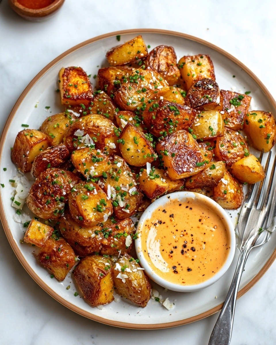 The image shows a white round plate filled with golden-brown roasted potato chunks that have a crispy texture on the outside, sprinkled with finely chopped green herbs and small shreds of white cheese. On the right side of the plate, there is a small white bowl with a creamy orange sauce, speckled with black pepper, resting on the plate. The entire setting is placed on a white marbled surface with a fork placed partially under the small bowl of sauce. photo taken with an iphone --ar 4:5 --v 7