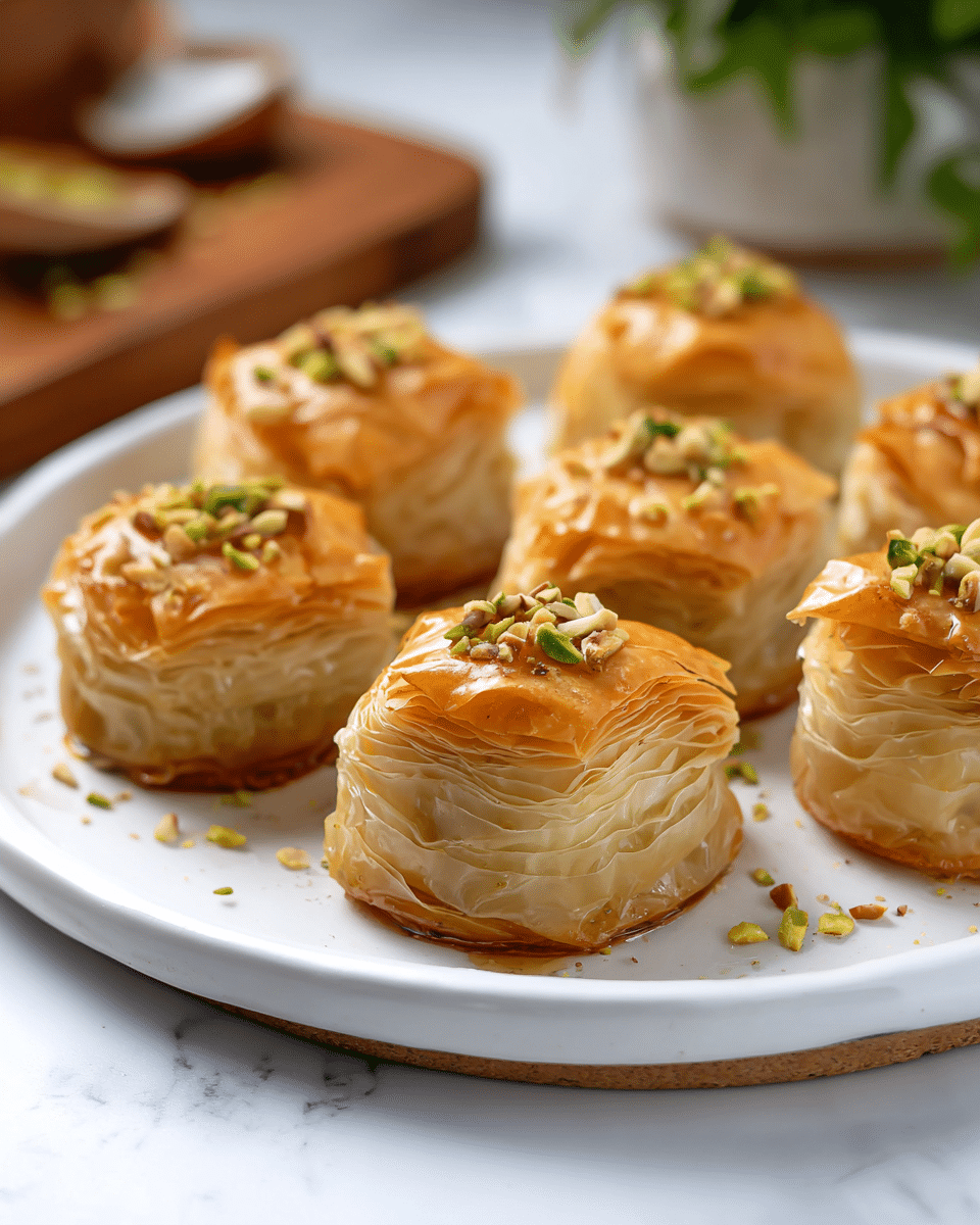 The image shows six small, round pastries on a white plate. Each pastry has multiple thin, golden-brown layers of flaky dough wrapped tightly around a creamy filling that looks slightly yellow. The tops of the pastries are sprinkled with chopped nuts and small bits of green herbs. The pastries have a smooth, shiny surface that looks crisp and baked to a light golden color. The plate rests on a white marbled surface, and there is a blurred background with a wooden board and a plant visible. photo taken with an iphone --ar 4:5 --v 7