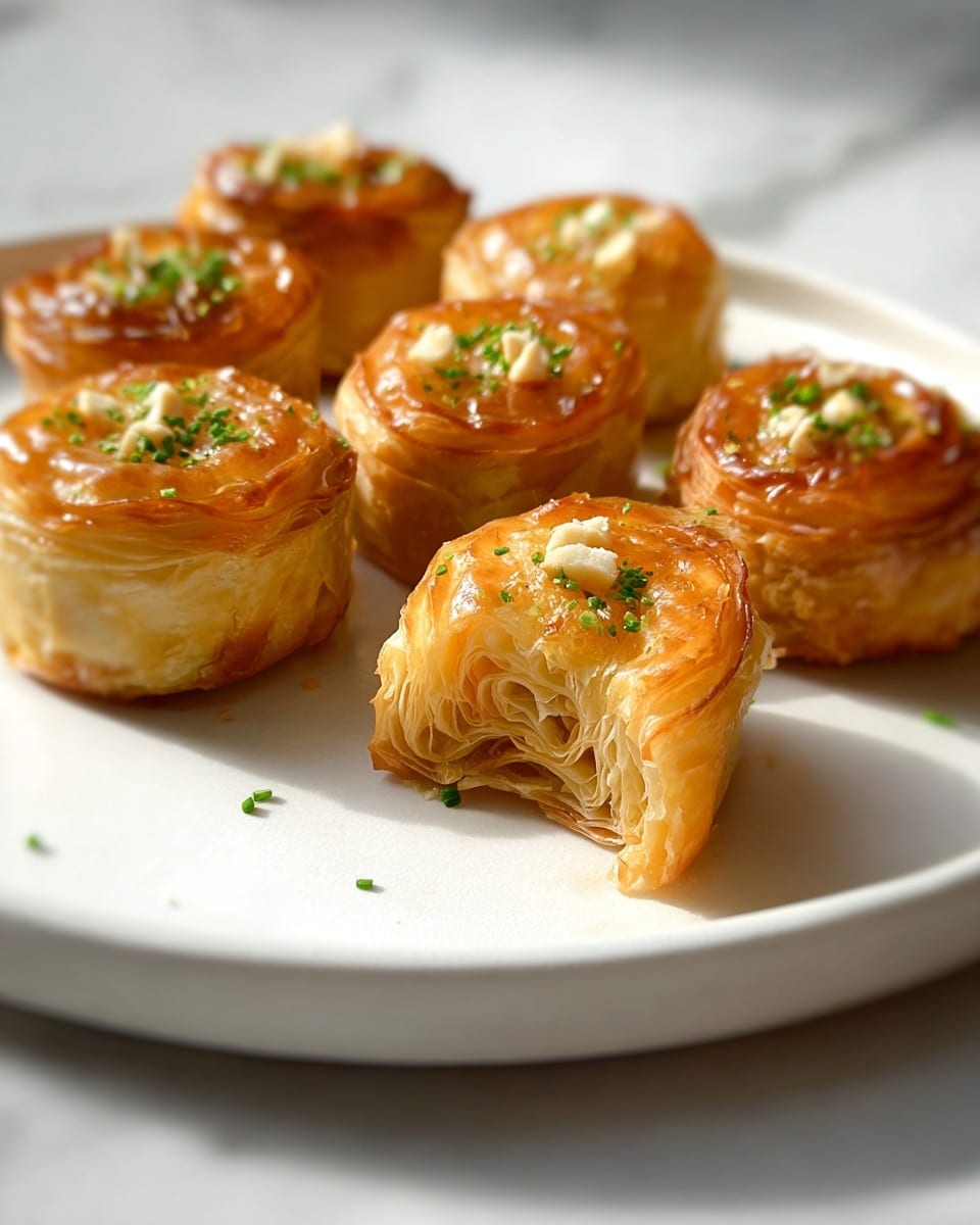 The image shows six small, round pastries on a white plate, each pastry made of many layers of golden, flaky dough. One pastry is cut open, revealing thin, delicate layers inside that look light and crispy. The tops of the pastries have a shiny glaze and are sprinkled with small green herbs and tiny white nut pieces. The pastries sit on a white marbled surface with soft light highlighting their texture and warm color. photo taken with an iphone --ar 4:5 --v 7