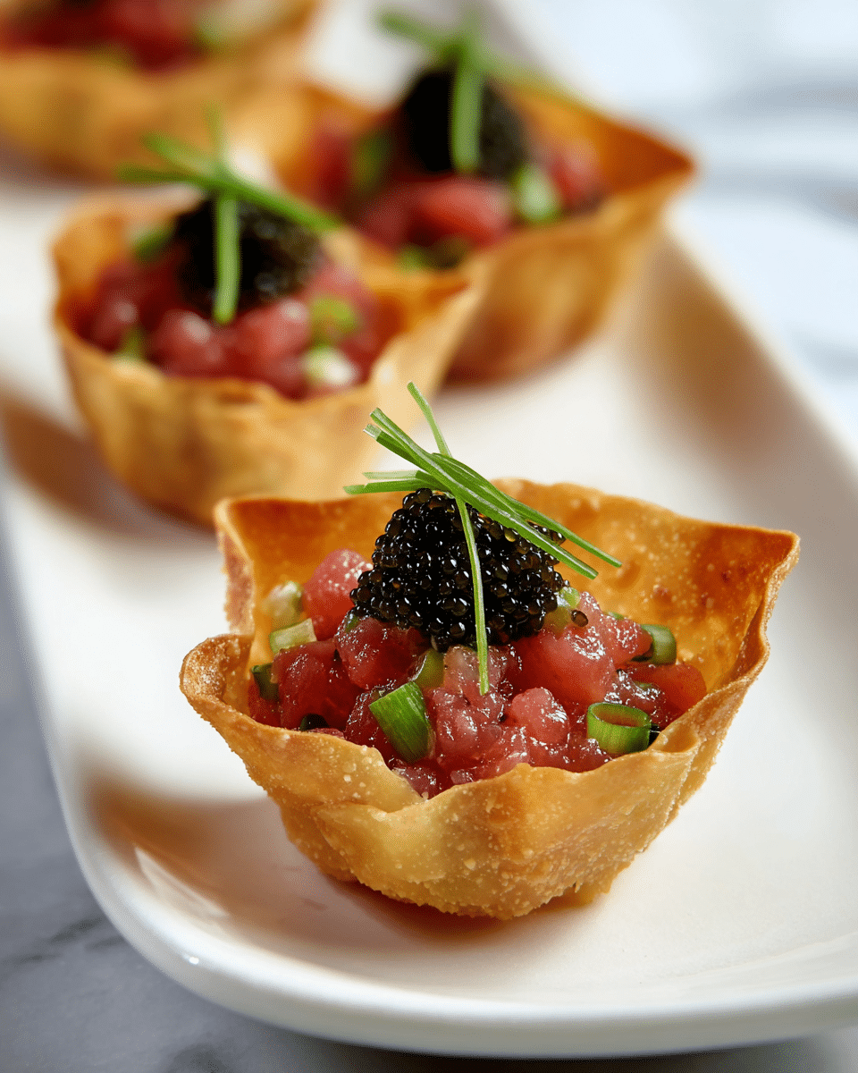 The image shows four small appetizer cups made of a crispy, golden-brown shell with slightly curled edges, placed on a white plate over a white marbled surface. Each cup contains a layer of finely chopped pinkish-red tuna mixed with small green rings of scallions, topped with a dollop of shiny, black caviar. A thin, green garnish arches delicately on top of the caviar on the closest cup, adding a fresh touch to the elegant presentation. The focus is on the front cup with the background cups softly blurred. photo taken with an iphone --ar 4:5 --v 7