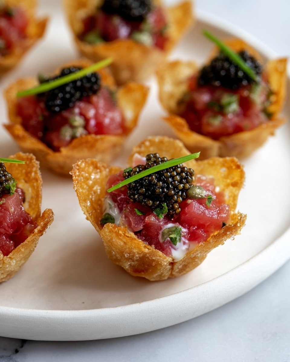A close-up of small crispy golden-brown cups shaped like flowers, each filled with three layers: the bottom layer is bright red diced tuna mixed with small bits of green herbs, the middle layer is creamy and white with green specks, and the top layer is a small mound of shiny black caviar, finished with a thin curved green garnish sitting on top. These cups are arranged neatly on a large white plate set on a white marbled surface. Photo taken with an iphone --ar 4:5 --v 7