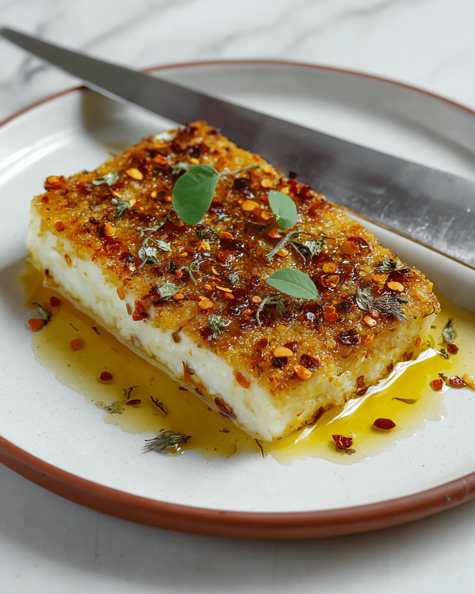 A rectangular piece of food with a crispy golden-brown top layer sprinkled with red chili flakes and small green herbs rests on a white plate with a brown rim. The middle layer is white and soft looking, slightly seen at the edges under the crispy top. The bottom edge has a thin layer of shiny oil pooling around it, adding a glossy texture. There are small green leaves placed on top for garnish. A knife with a shiny metallic blade lies behind the plate on a white marbled surface. photo taken with an iphone --ar 4:5 --v 7