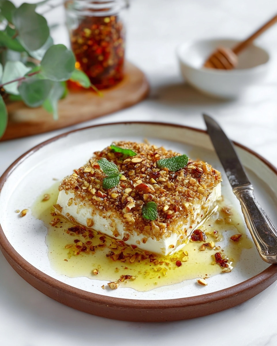 A single square piece of white soft cheese topped with a thick crunchy layer of crushed nuts and spices with a golden-brown color sits in the center of a white plate with a brown rim, surrounded by a pool of light yellow oil. The cheese is garnished with small fresh green mint leaves scattered on top. A silver butter knife rests on the right side of the plate. In the blurred background, a small white bowl on a wooden board holds a honey dipper, and there is a clear glass spice jar with red pepper flakes along with a green and white leafy plant. The surface underneath and background are white marbled texture. Photo taken with an iphone --ar 4:5 --v 7