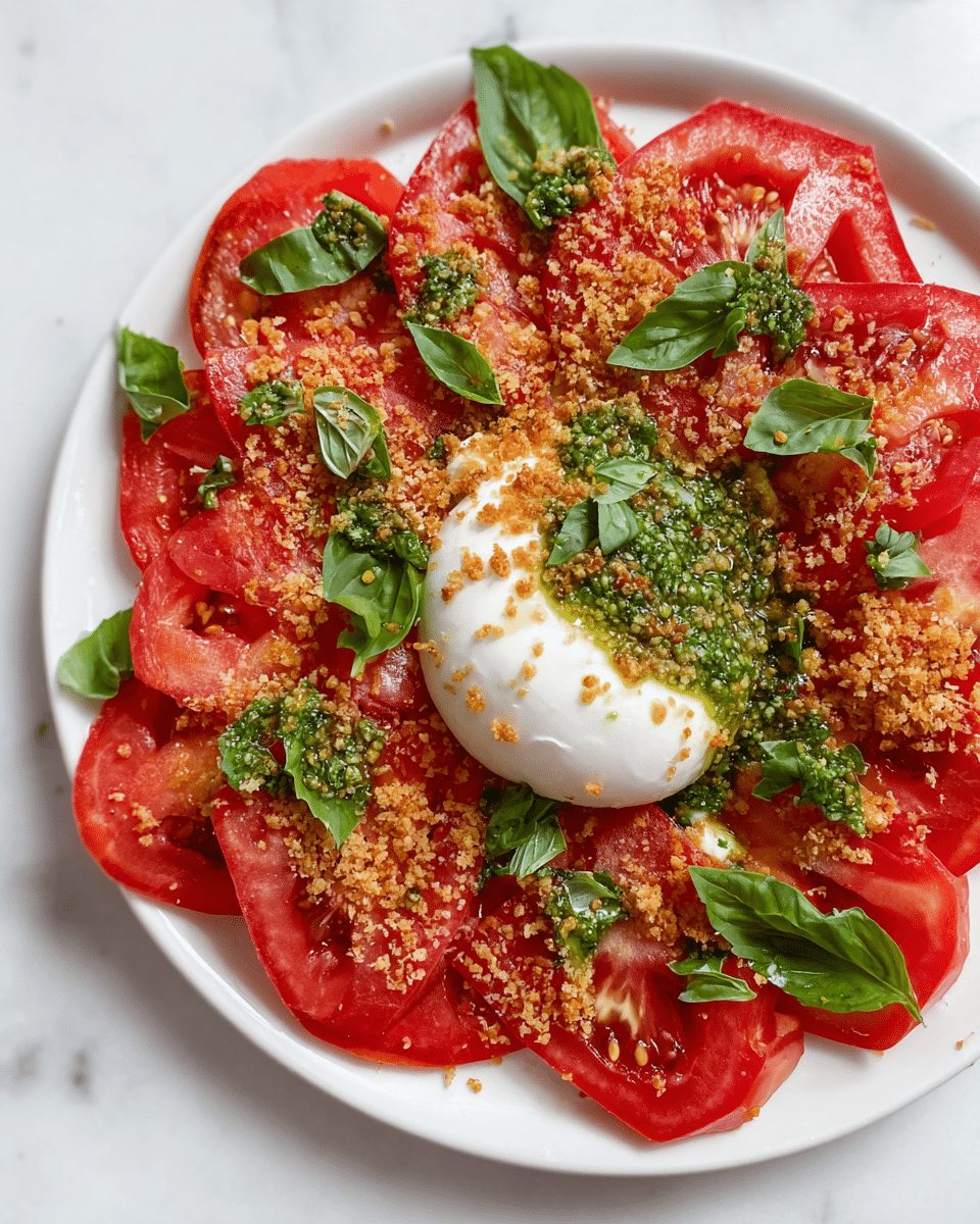 A white plate holds a fresh tomato salad arranged in one layer of large, bright red sliced tomatoes with a soft and juicy texture. On top of the tomatoes are scattered fresh green basil leaves and a light sprinkling of golden-brown breadcrumbs. In the center of the plate, there is a single, thick, smooth white ball of burrata cheese topped with a glossy green pesto sauce that spreads slightly onto the cheese's surface. The plate is set on a white marbled background. photo taken with an iphone --ar 4:5 --v 7