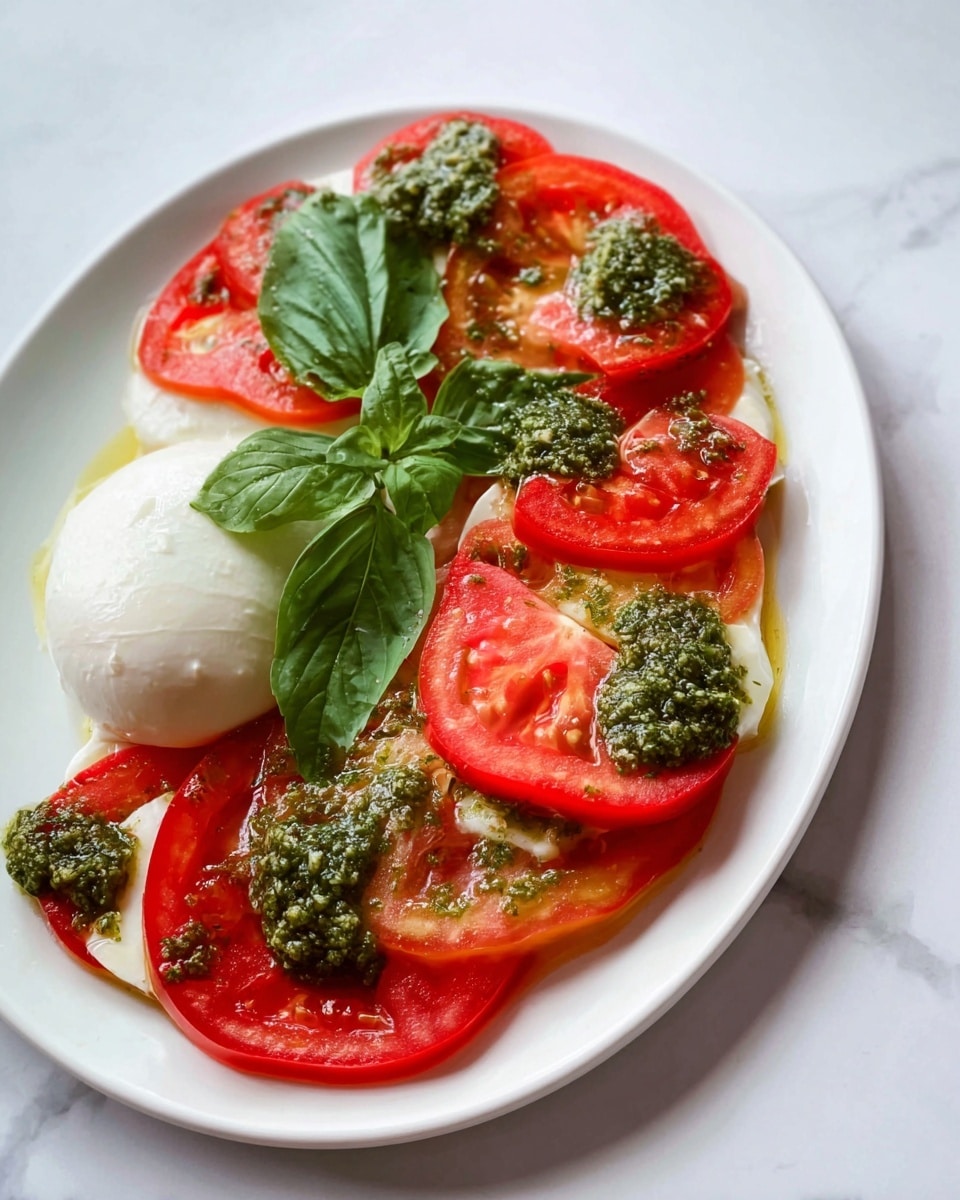 A white plate with bright red tomato slices layered around its edge, each slice topped with small dollops of green pesto sauce and fresh green basil leaves. On the left side of the plate, there is a smooth, round ball of white mozzarella cheese. The plate rests on a white marbled surface, enhancing the fresh colors of the ingredients. Photo taken with an iphone --ar 4:5 --v 7
