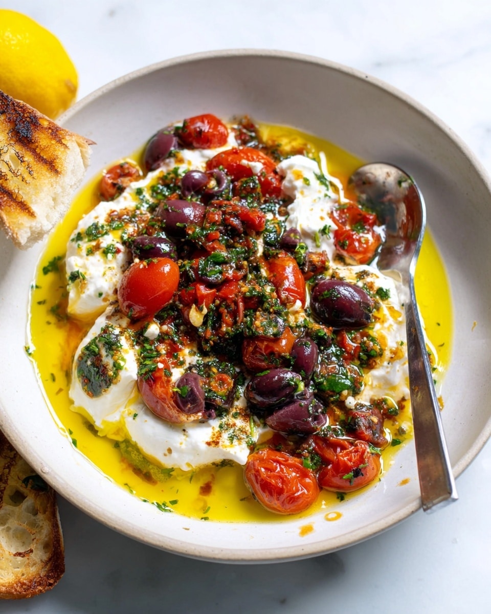 In a white bowl, there is a dish layered with soft white cheese at the bottom, topped with a mix of chopped dark purple olives and bright red cherry tomatoes, mixed with finely chopped green herbs. The mixture is covered in a golden-yellow olive oil that pools around the edges, creating a glossy look. A silver spoon rests on the right side inside the bowl, with a white marbled surface beneath. Part of a toasted piece of bread and a yellow lemon are visible near the bowl. photo taken with an iphone --ar 4:5 --v 7