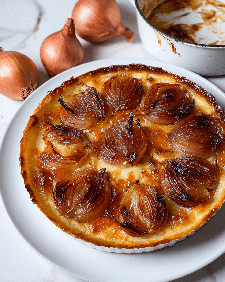 A round tart with one main layer of golden-brown caramelized shallot wedges arranged in a circular pattern on top, showing a glossy, slightly translucent texture with some charred edges. The shallots sit on a creamy, light yellow base that contrasts with the darker top layer, all enclosed in a slightly browned pastry crust that is visible around the edges. The tart is placed on a white plate over a white marbled surface. Nearby, a white casserole pot with brown cooking residue inside and two whole shallots with reddish-brown skin add context to the scene. photo taken with an iphone --ar 4:5 --v 7