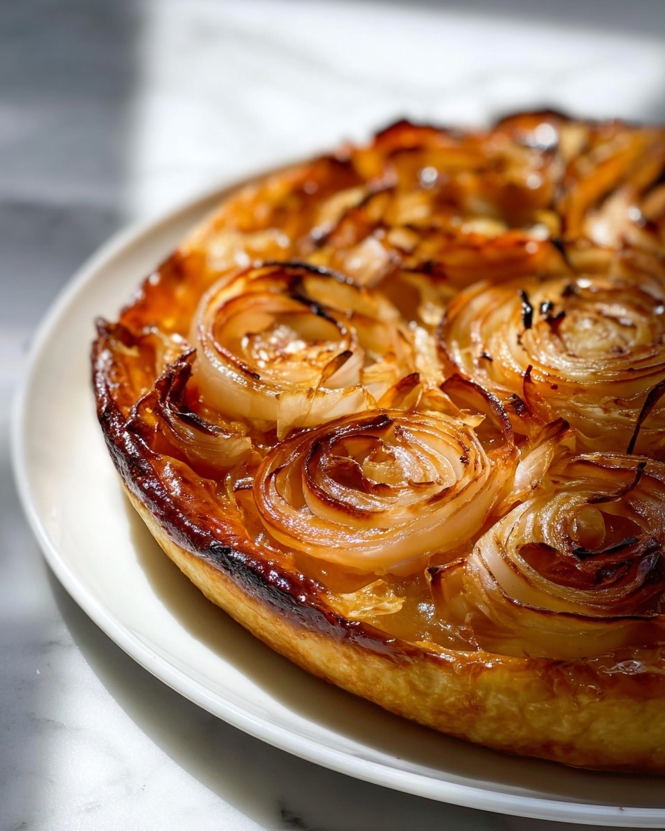 A close-up view of a round tart with one main layer of thinly sliced caramelized onions arranged in a circular pattern on top. The onions are golden brown with some darker, crispy edges, giving a glossy and textured look. The tart crust is thick, golden, and slightly charred around the edges, visible underneath the onion layer. The tart is placed on a white plate, sitting on a white marbled surface with soft natural light casting shadows. photo taken with an iphone --ar 4:5 --v 7