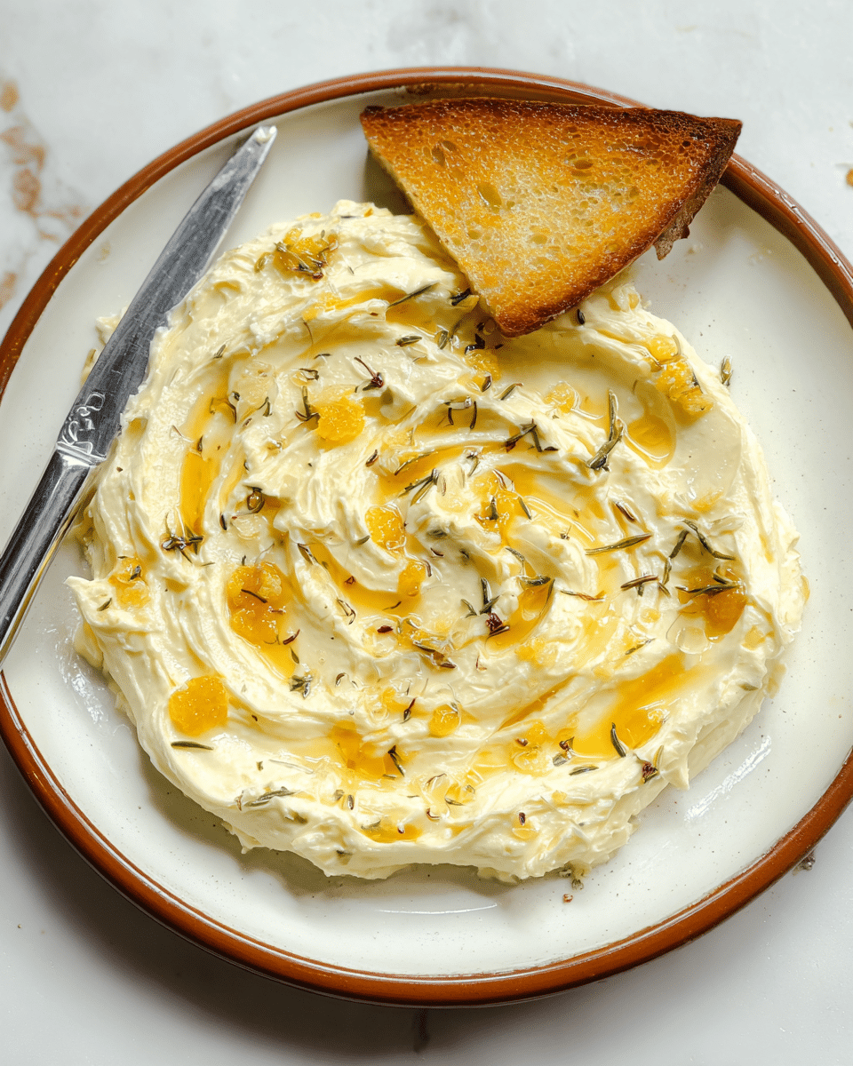 A white plate with a brown rim holds a thick layer of creamy, pale yellow spread smeared in a circular shape. The spread has swirls of golden honey drizzled on top and is sprinkled with small bits of dried herbs. Resting on the edge of the plate is a triangular toasted piece of bread with a golden-brown crust. A silver knife lies across the top part of the plate, partially visible. The plate is placed on a white marbled surface. photo taken with an iphone --ar 4:5 --v 7
