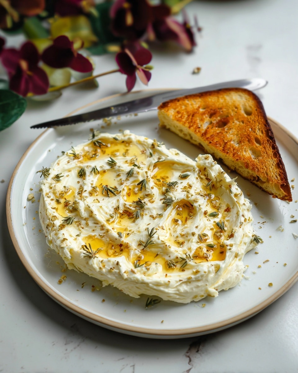 A white plate with a thick layer of creamy white butter spread unevenly across it, topped with golden honey drizzled in small pools and sprinkled with dried herbs. On the edge of the plate, there is a toasted triangular slice of golden brown bread with a crisp texture. A silver knife rests on the top side of the plate, and the background shows a white marbled surface with some blurred green leaves and dark red flowers. photo taken with an iphone --ar 4:5 --v 7