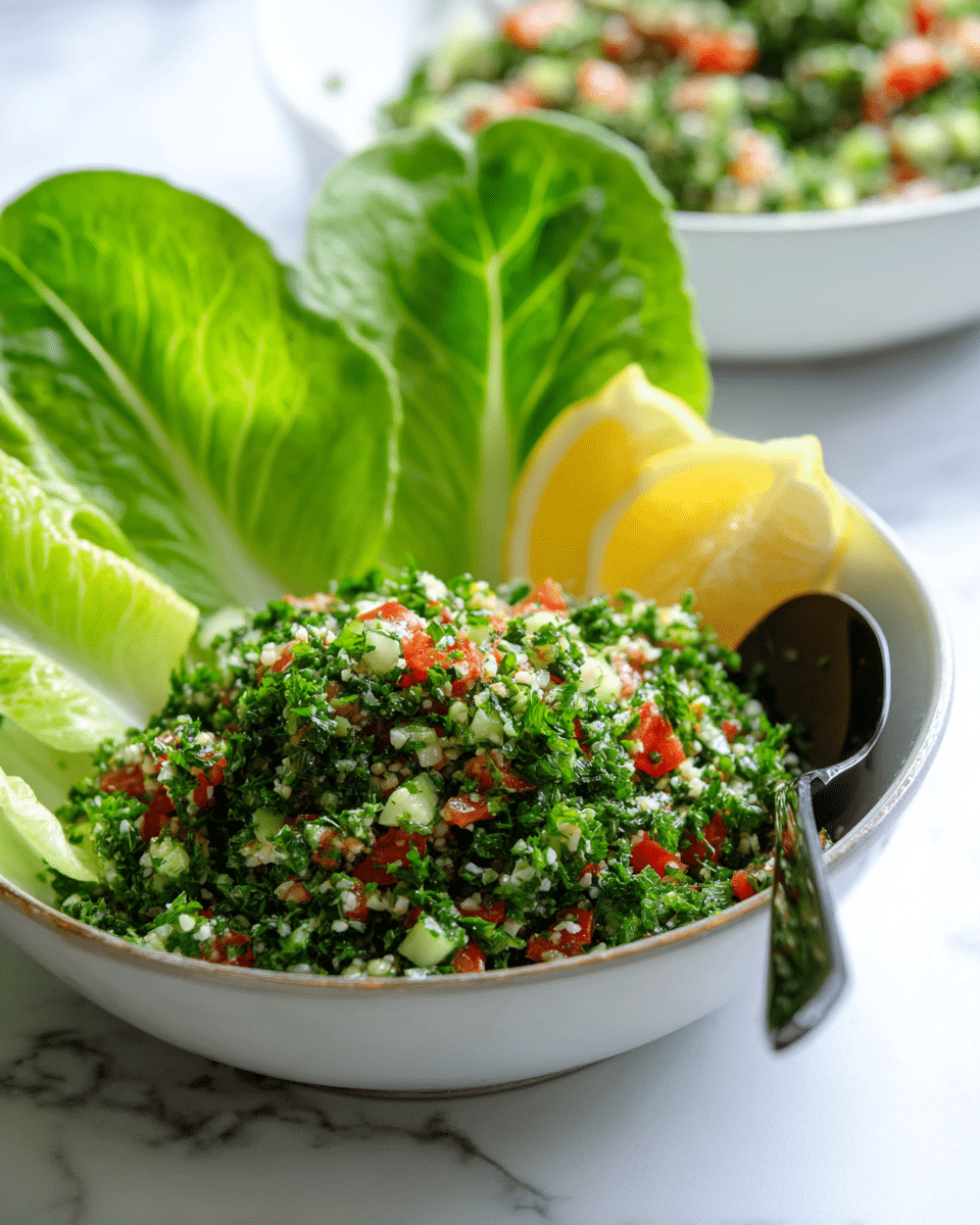 A white bowl is filled with a fresh tabbouleh salad consisting of finely chopped green parsley, small red tomato pieces, and tiny bits of light green cucumber or celery mixed with white grains, all piled in the center. Three large green lettuce leaves stand upright along the side of the bowl, adding height and texture. Two bright yellow lemon wedges rest near the front edge of the bowl, adding a pop of color. A dark spoon with a long handle is placed inside the bowl on the right side, with its handle resting on the edge. In the blurry background, there is a white bowl with a fresh salad on a white marbled surface. photo taken with an iphone --ar 4:5 --v 7