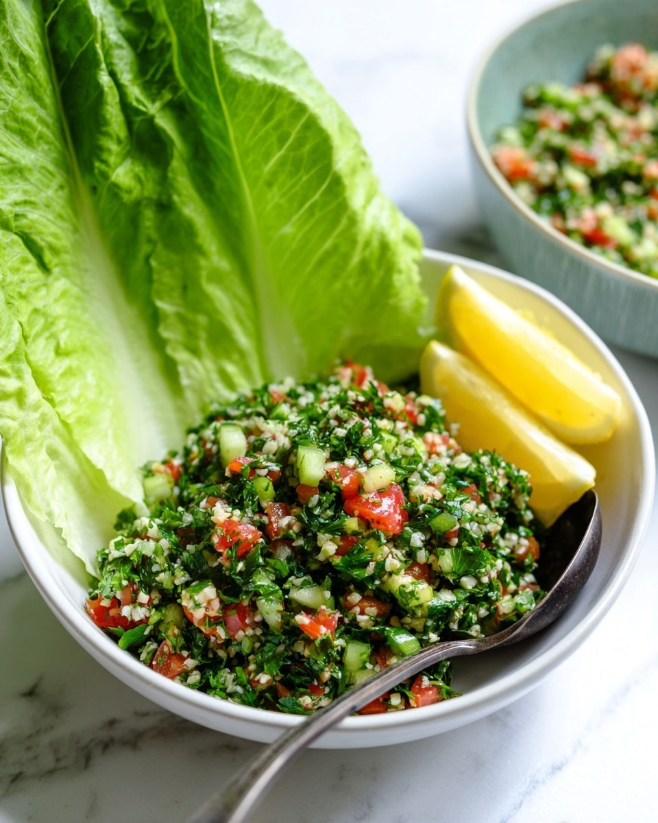 A white bowl filled with a fresh tabbouleh salad showing finely chopped green parsley, small pieces of red tomato, green celery, and tiny bits of light-colored bulgur. On the left side, large crisp bright green lettuce leaves are placed upright. Two lemon wedges with a light yellow color rest on the right side of the bowl. A dark metal spoon with a curved handle sits inside the bowl next to the lemon wedges. The bowl is placed on a white marbled surface, and there is a blurred bowl with more salad in the background. Photo taken with an iphone --ar 4:5 --v 7